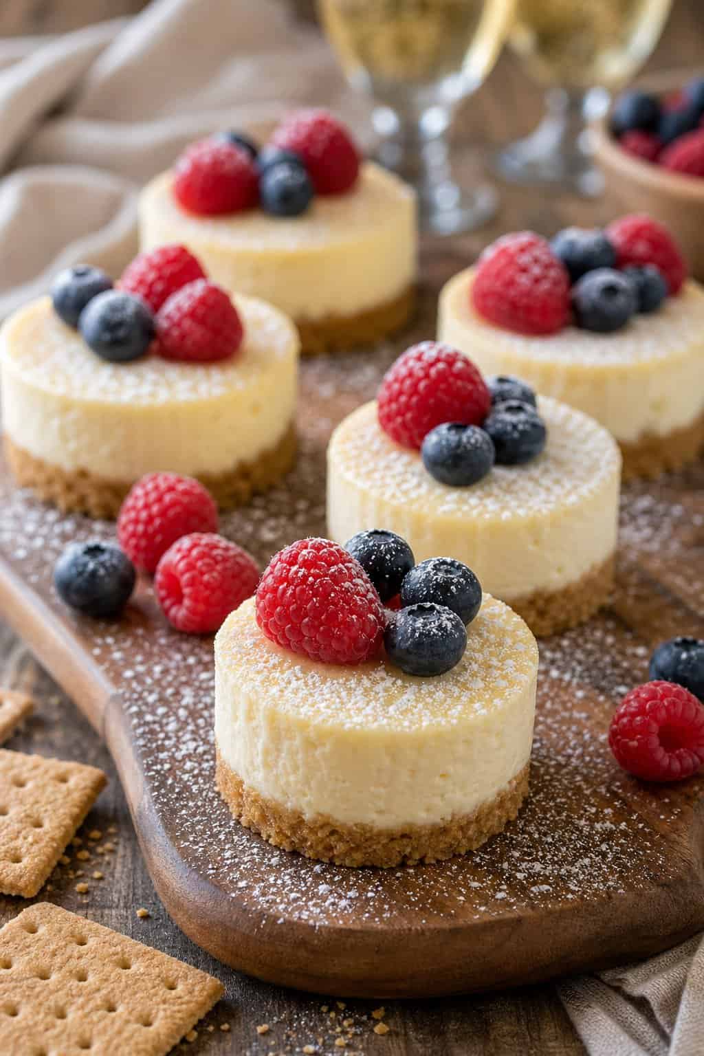 Close-up of several mini cheesecakes with graham cracker crusts topped with fresh berries on a wooden board.