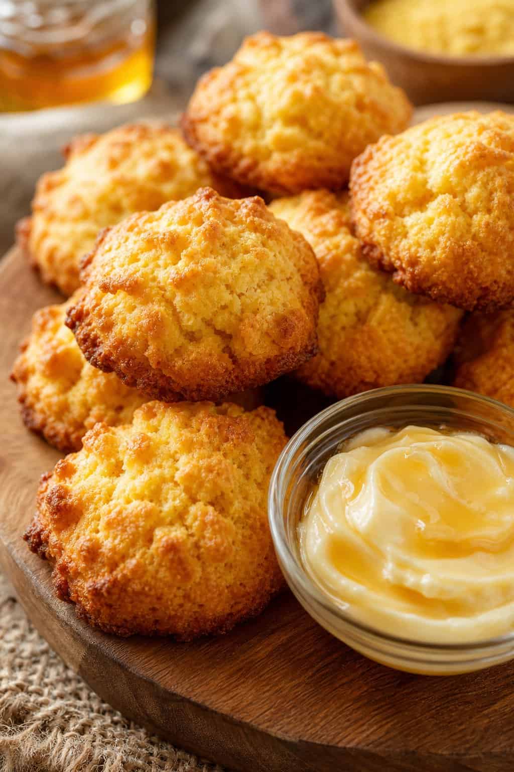 A close-up of golden brown cornbread drop cookies on a wooden board with a small bowl of honey butter beside them.