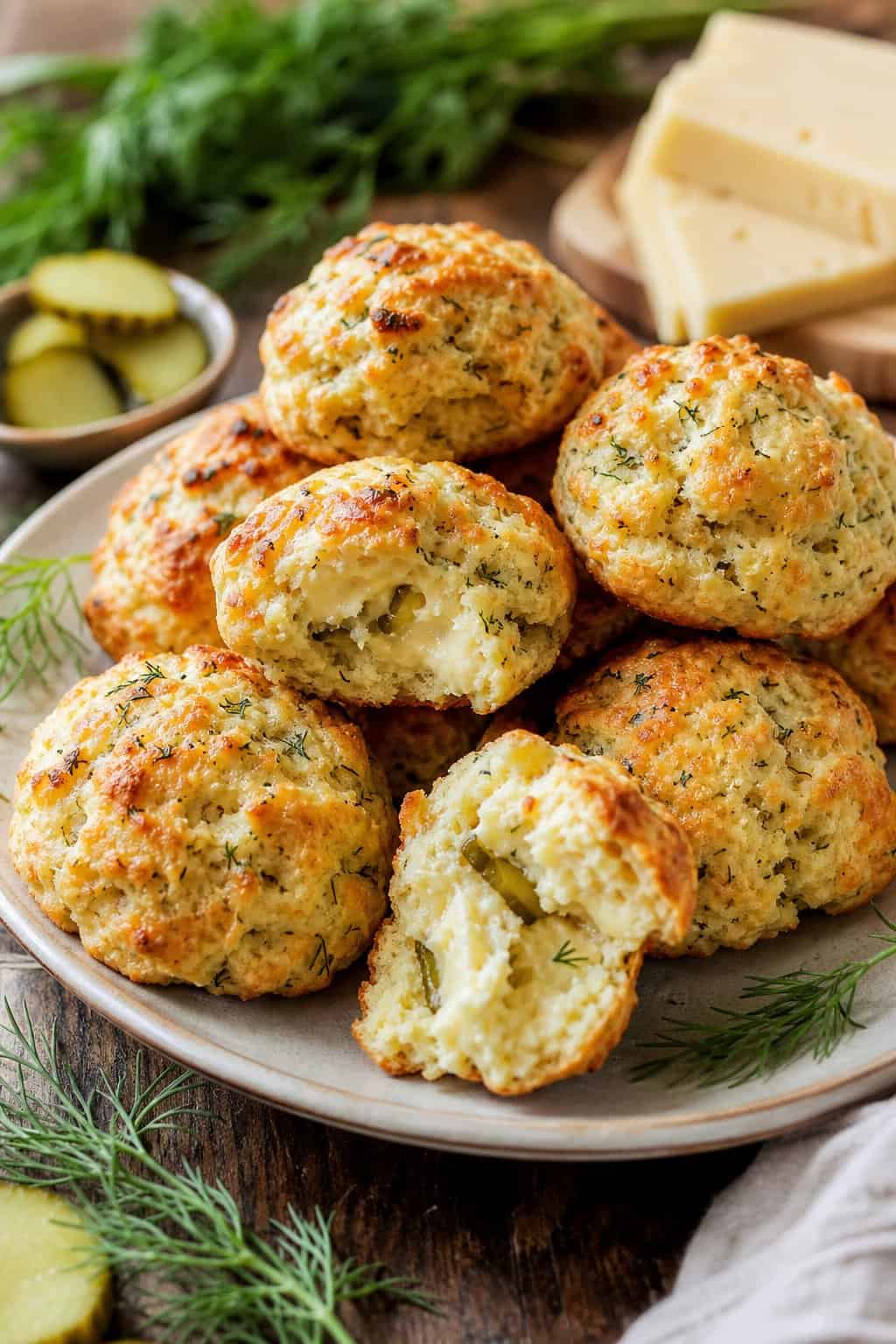 Plate of golden brown savory biscuits with dill, pickle slices, and Havarti cheese on a wooden table.