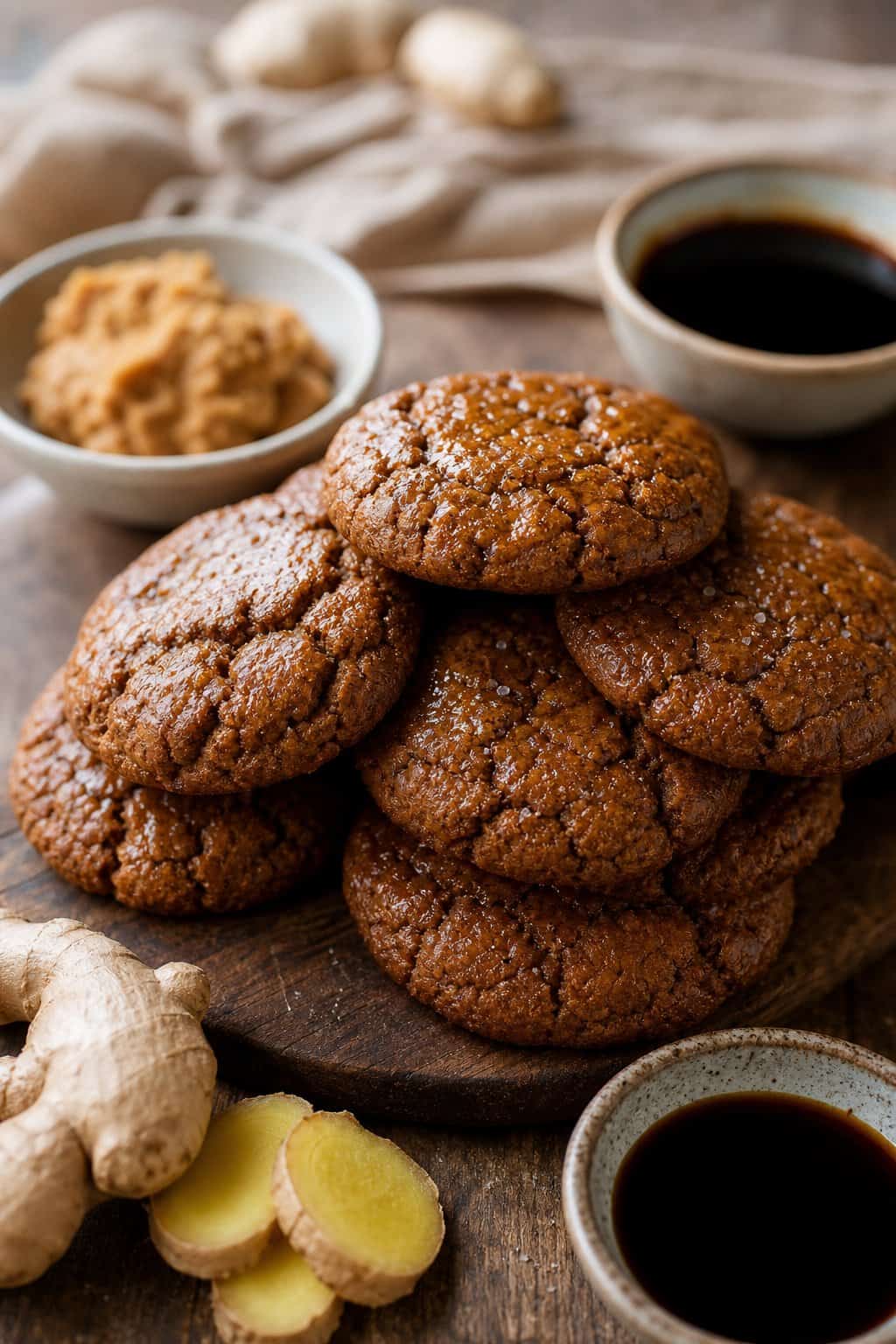 Close-up of golden brown ginger-miso molasses cookies on a wooden surface with bowls of miso paste, molasses, and ginger root slices nearby.