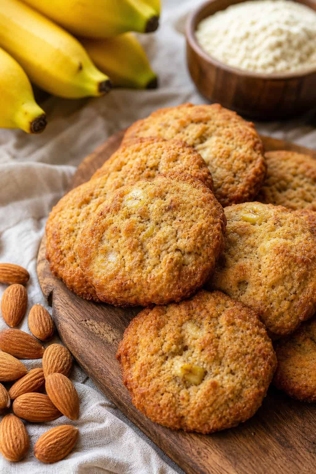 A close-up view of freshly baked gluten-free banana almond flour cookies on a wooden board with ripe bananas and almonds around them.