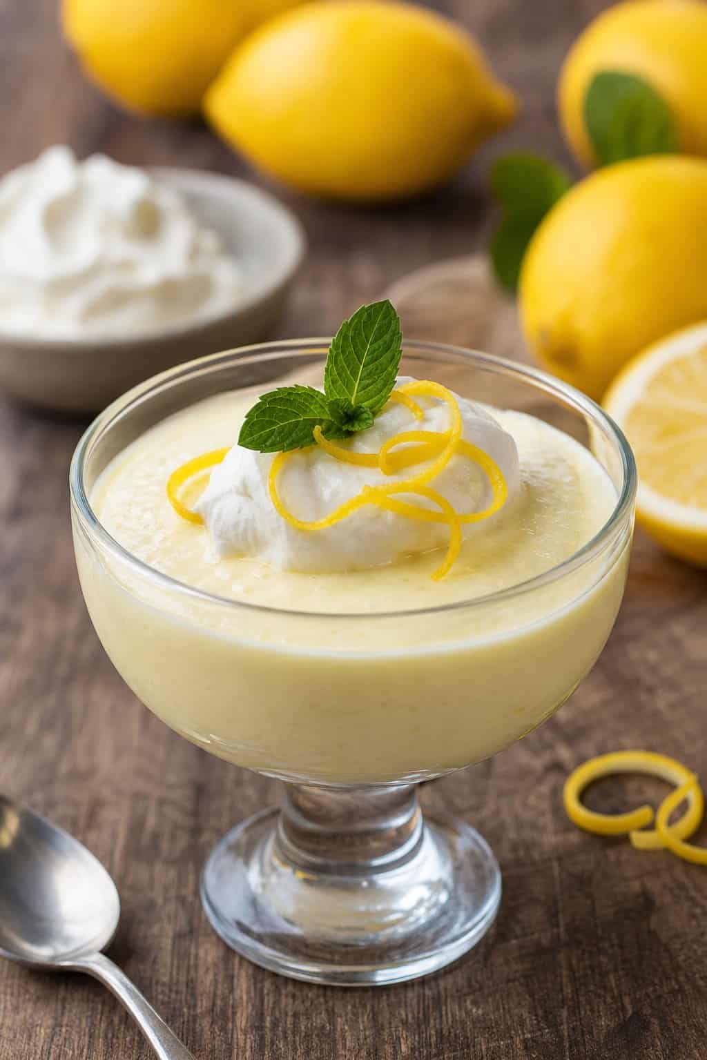 A bowl of creamy lemon cheesecake pudding topped with mascarpone, lemon zest, and a mint leaf on a wooden table.