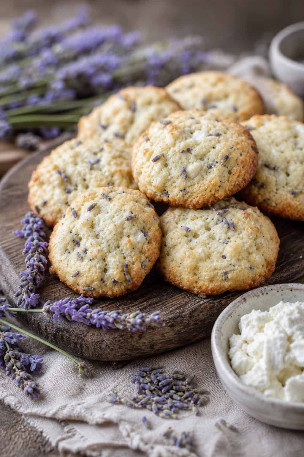 Close-up of several lavender goat-cheese ricotta cookies on a wooden board with sprigs of lavender and a bowl of cheese nearby.