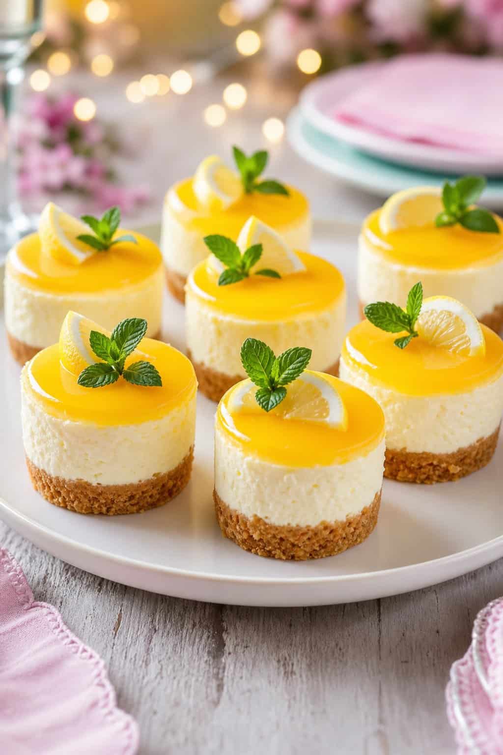 A plate of lemon curd mini cheesecakes garnished with lemon slices and mint on a wooden table with blurred party decorations in the background.