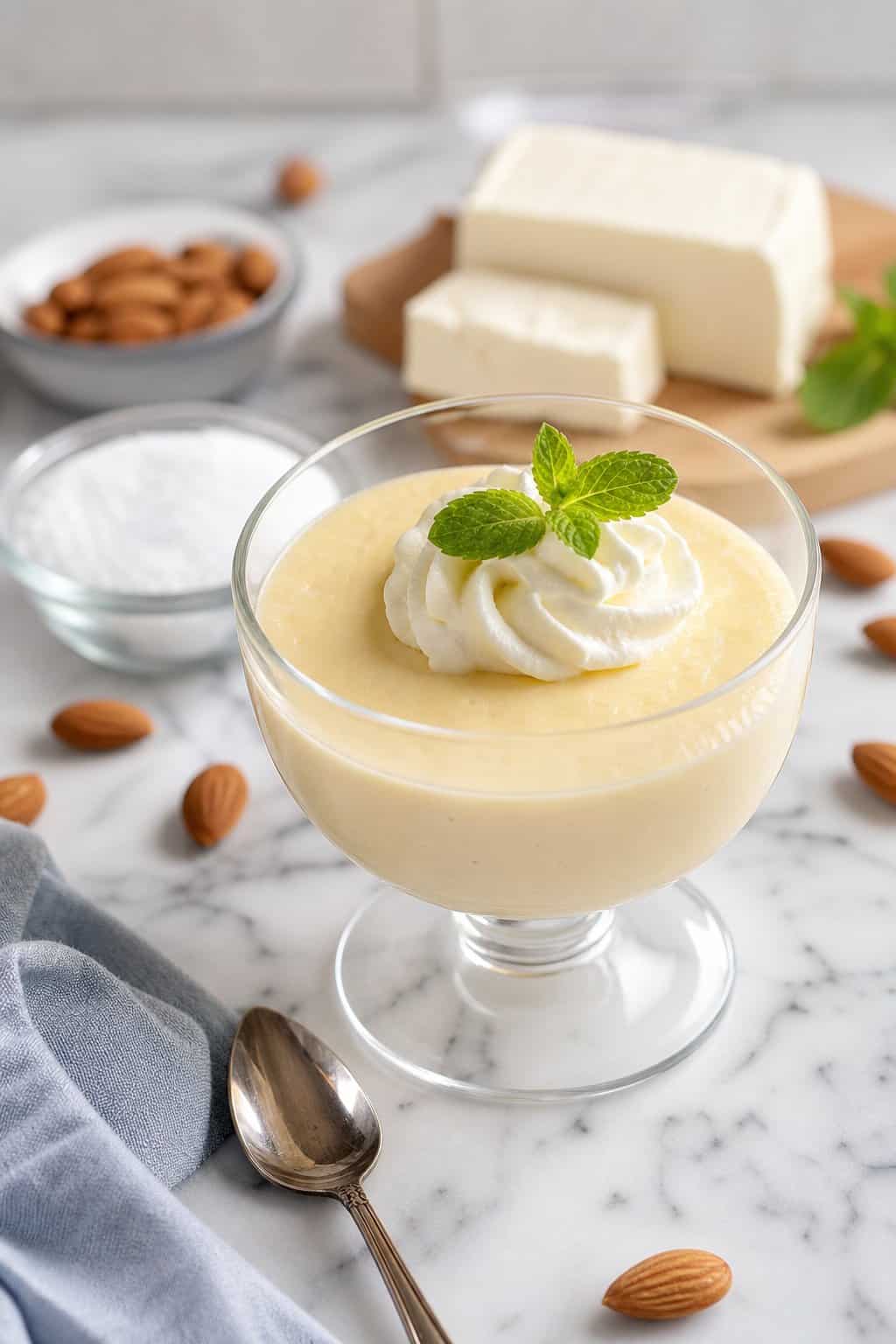 A glass cup filled with creamy cheesecake pudding topped with whipped cream and a mint leaf on a kitchen countertop with ingredients in the background.