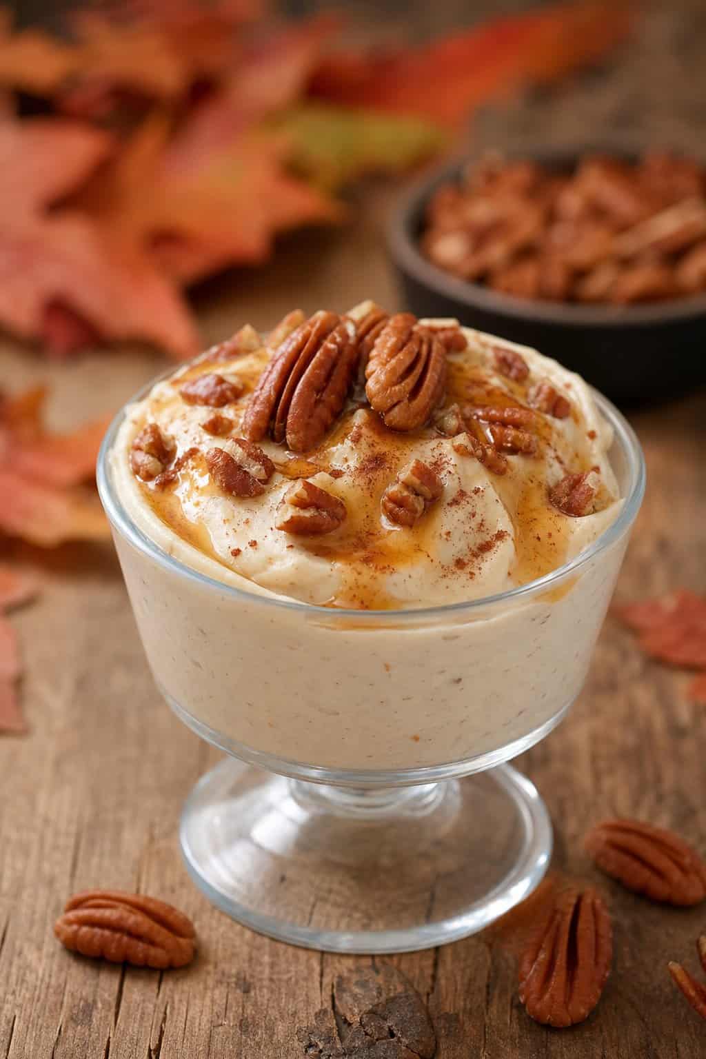 A glass cup filled with creamy maple pecan cheesecake pudding topped with pecans and syrup on a wooden table.
