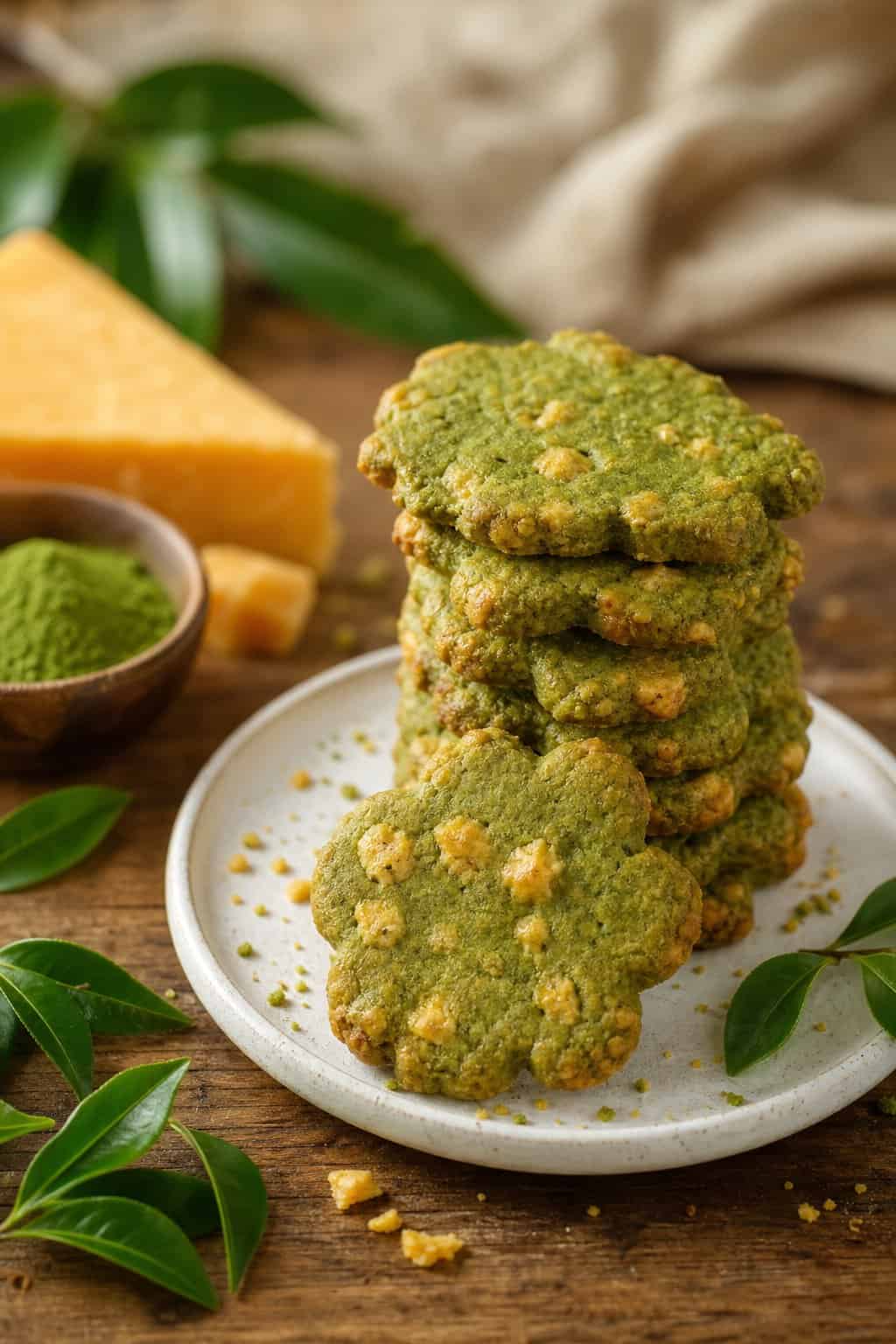 A plate of green matcha cheddar tea cookies on a wooden table with tea leaves, matcha powder, and cheddar cheese nearby.