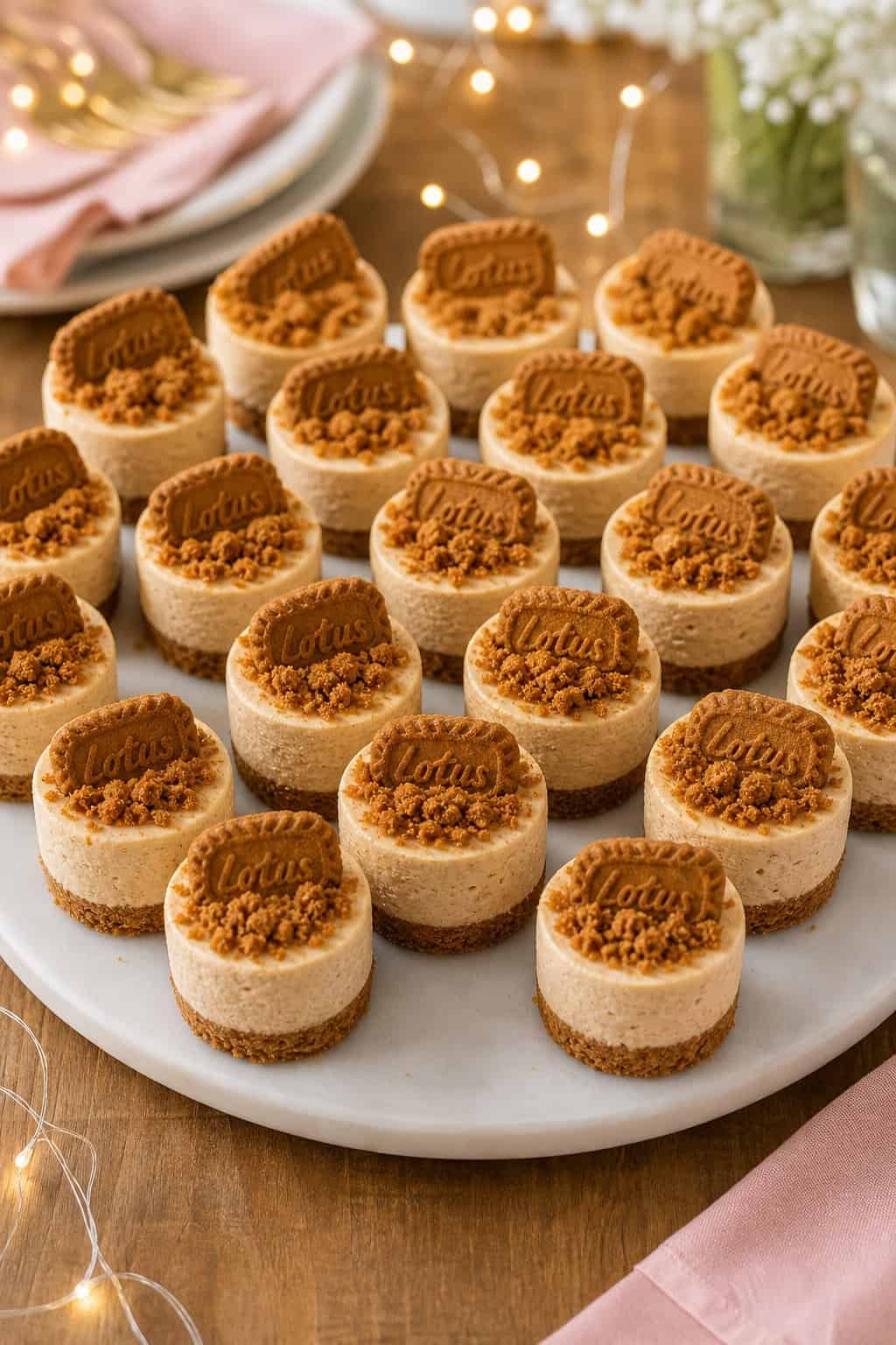 A platter of 22 mini Biscoff cheesecakes topped with crushed cookies and biscuit pieces on a wooden table with soft lighting and festive decorations.