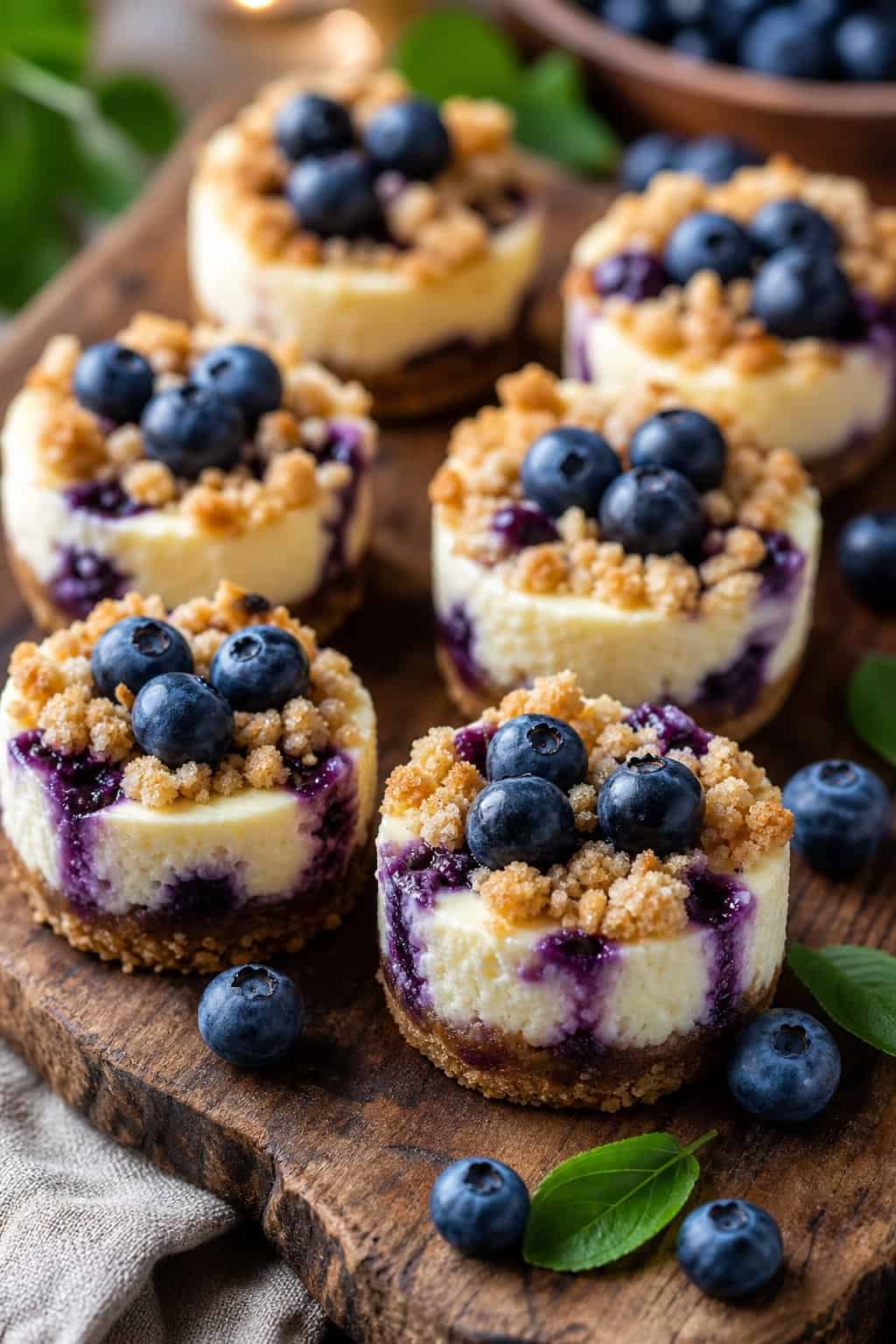 Several mini blueberry streusel cheesecakes on a wooden board with fresh blueberries around them.