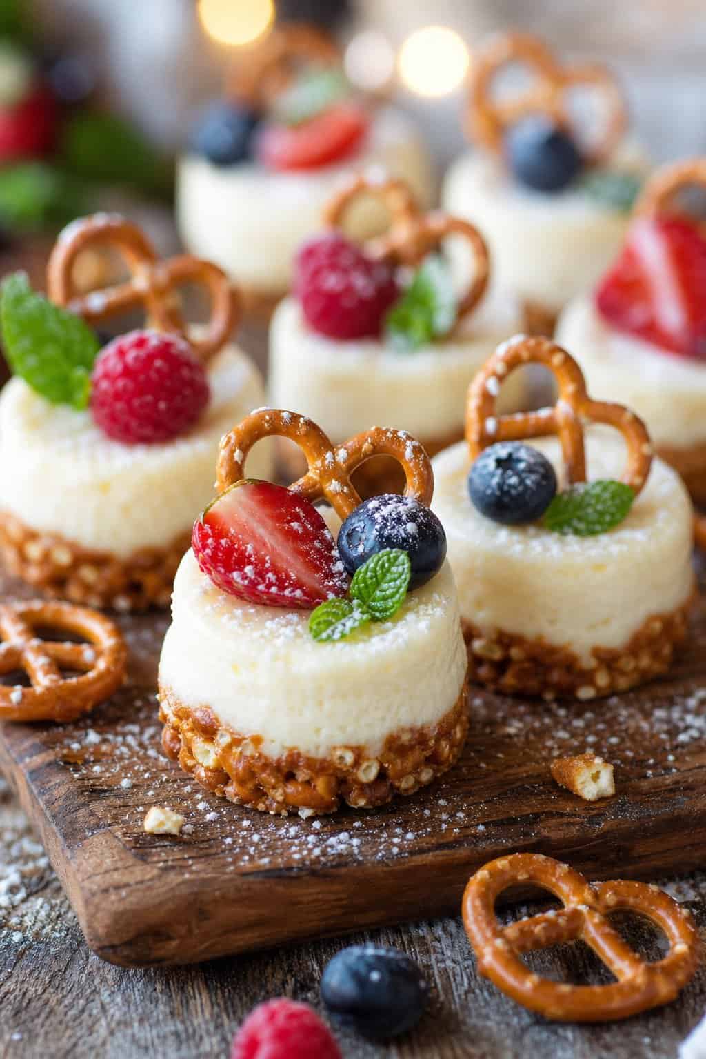 Close-up of bite-sized mini cheesecakes with pretzel crusts arranged on a serving board with scattered pretzel pieces.