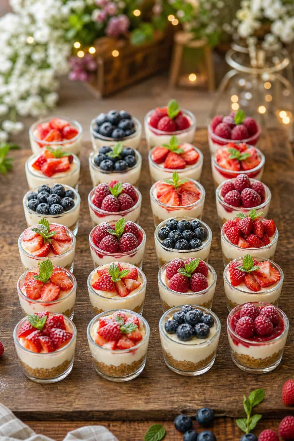 Twenty-two mini cheesecake trifles in clear cups arranged on a wooden table, topped with fresh berries and mint leaves.