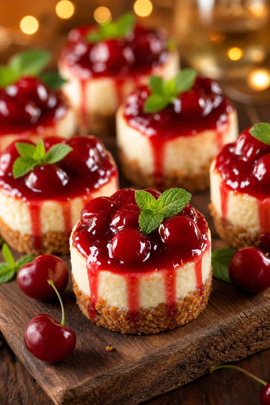 Close-up of several mini cherry pie cheesecakes topped with cherries and sauce on a wooden serving board with scattered cherries and mint leaves.
