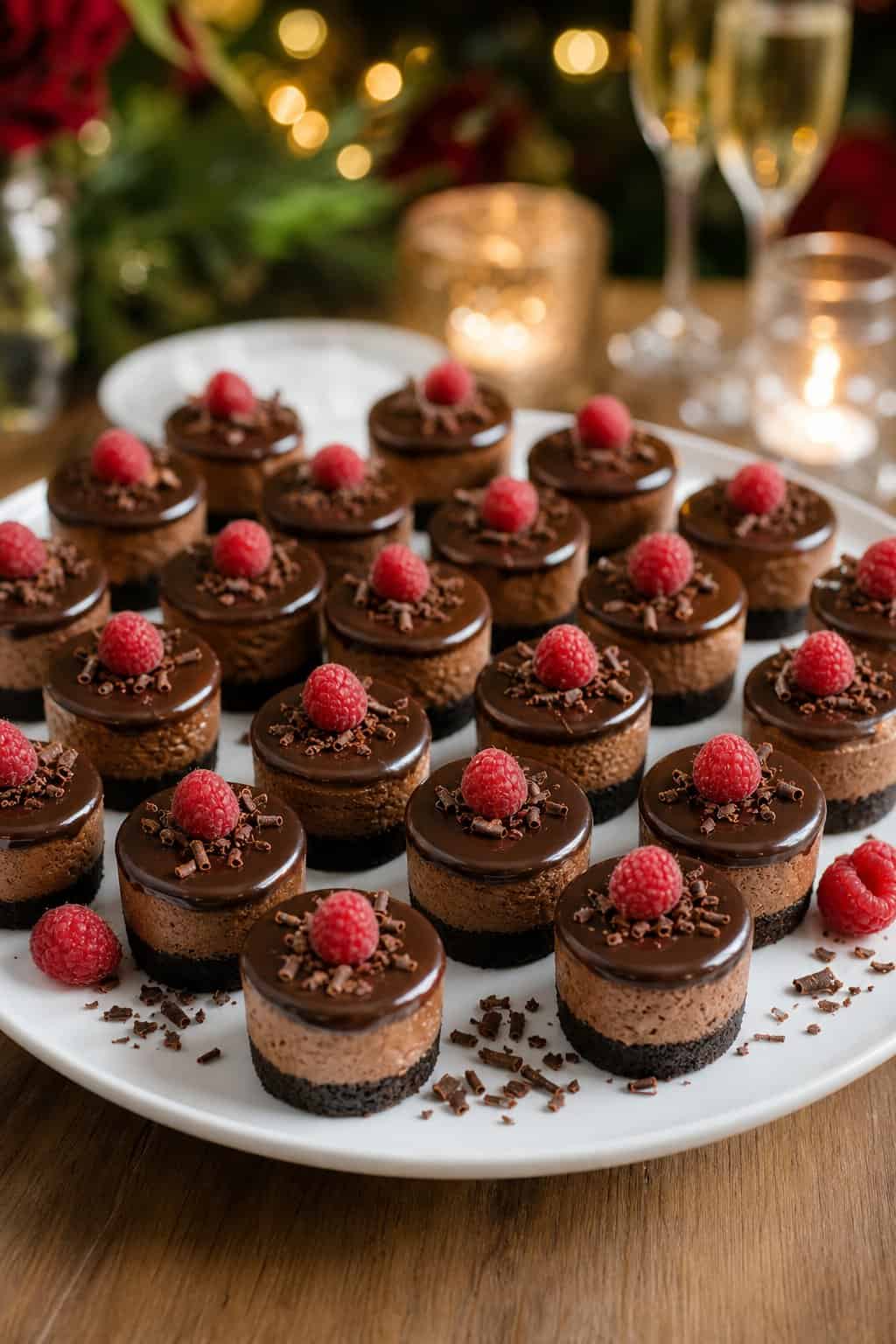 A platter of 22 mini chocolate ganache cheesecakes garnished with chocolate shavings and raspberries on a wooden table with a blurred festive background.