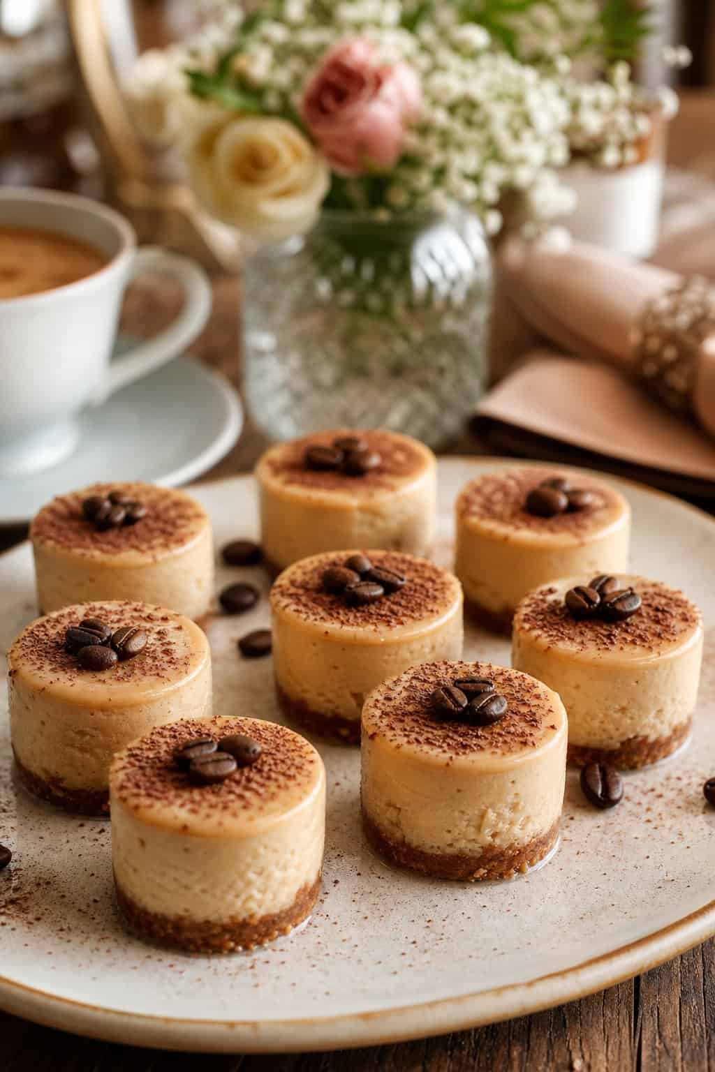 A plate of mini espresso cheesecakes garnished with coffee beans and cocoa powder on a wooden table with a cozy party setting in the background.