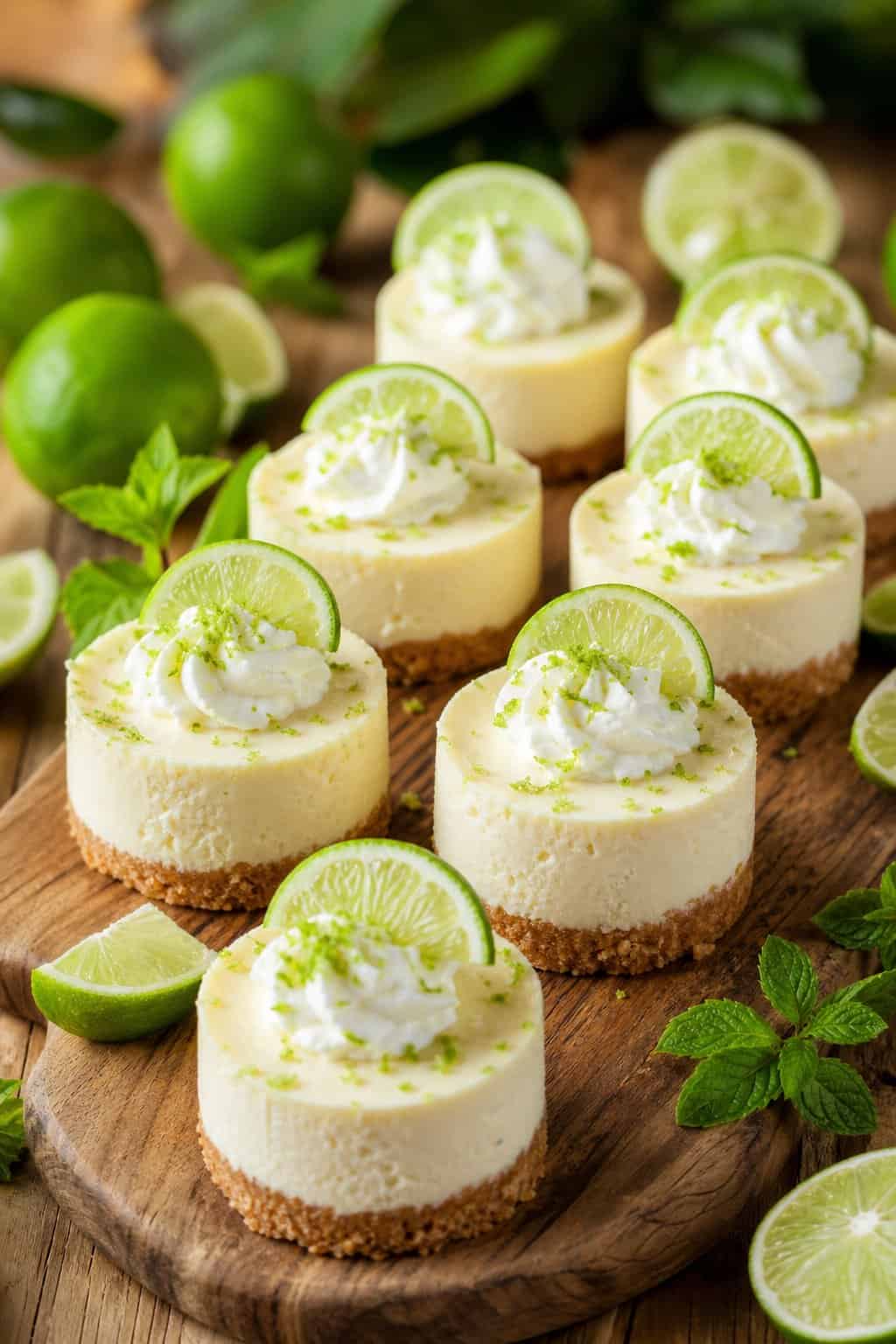 A wooden board with several mini key lime cheesecakes topped with lime slices and whipped cream, surrounded by fresh limes and mint leaves.