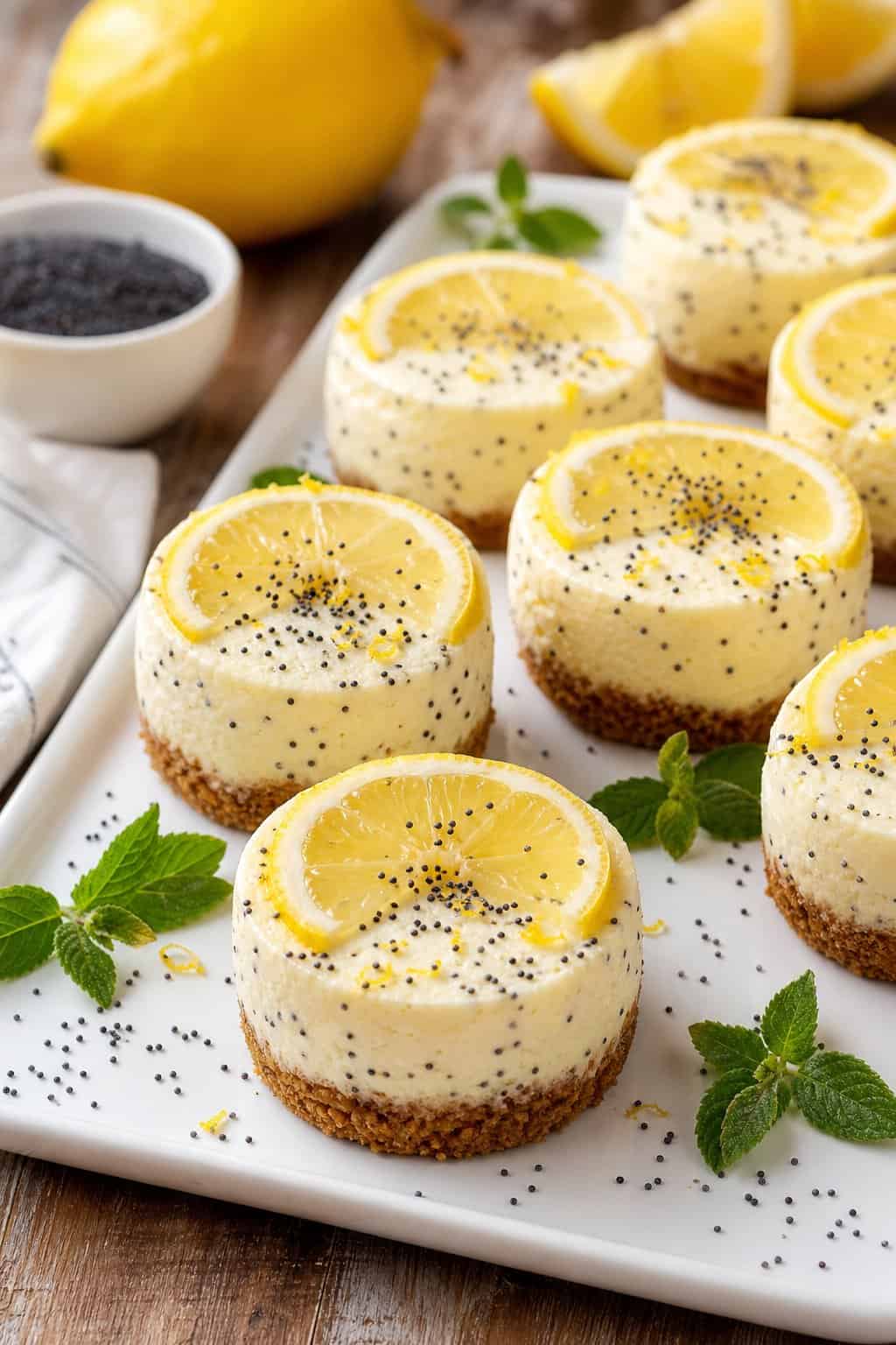 Several mini lemon poppy seed cheesecakes arranged on a white platter with lemon slices and poppy seeds, placed on a wooden table with fresh lemons and mint leaves nearby.