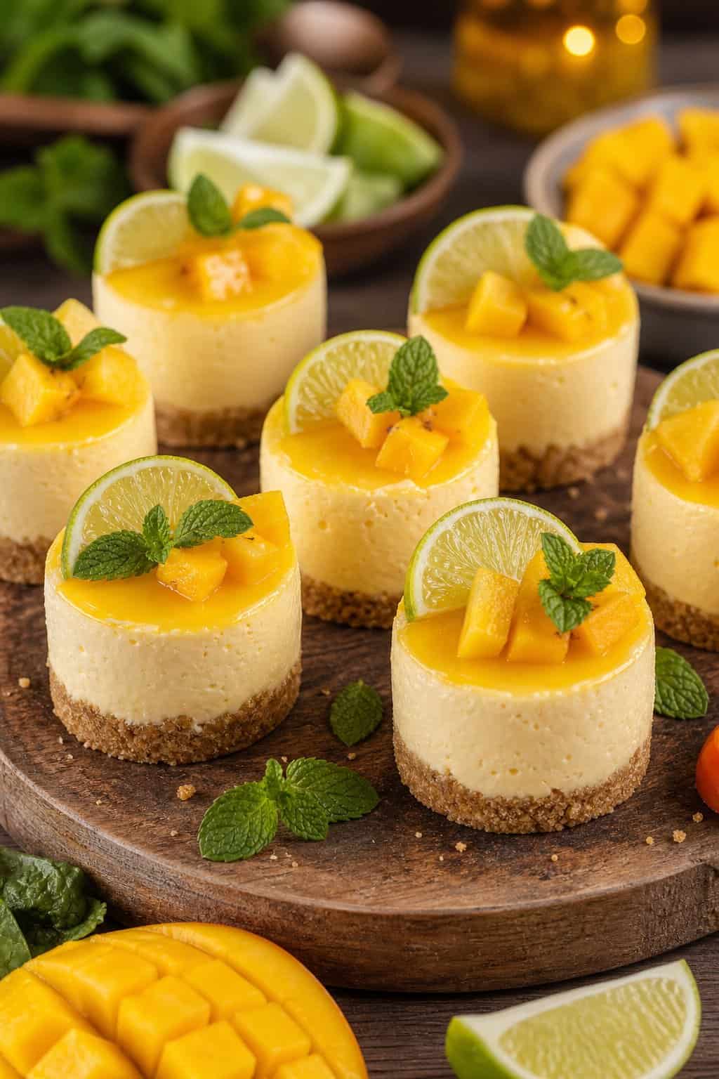 Close-up of several mini mango lime cheesecakes on a wooden board, garnished with lime slices and fresh mango, with some mint leaves around.