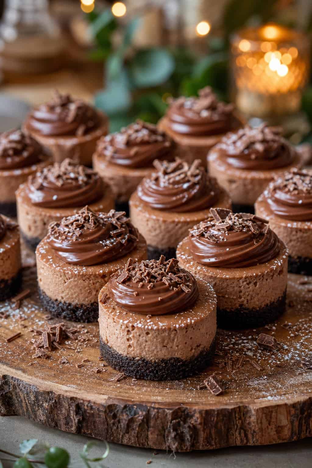 A group of mini Nutella cheesecakes on a wooden board with chocolate swirls and garnishes, set in a warm, festive party environment.