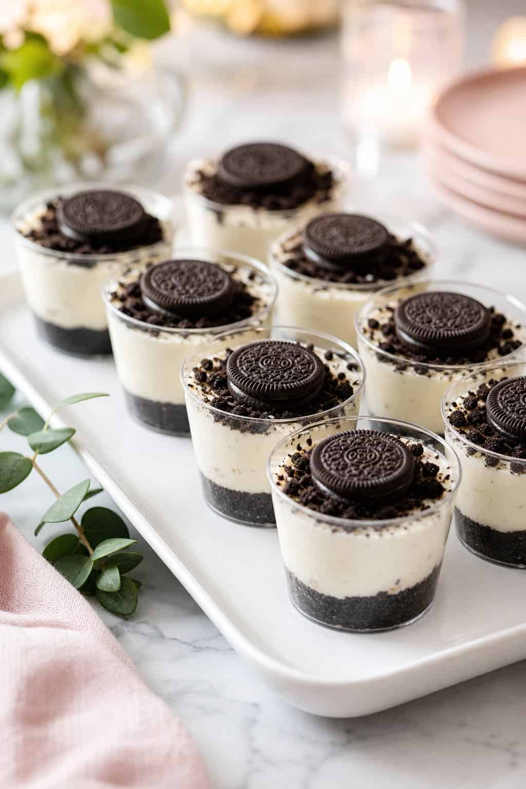 A platter of mini Oreo cheesecake cups topped with mini Oreo cookies, arranged for a party setting.
