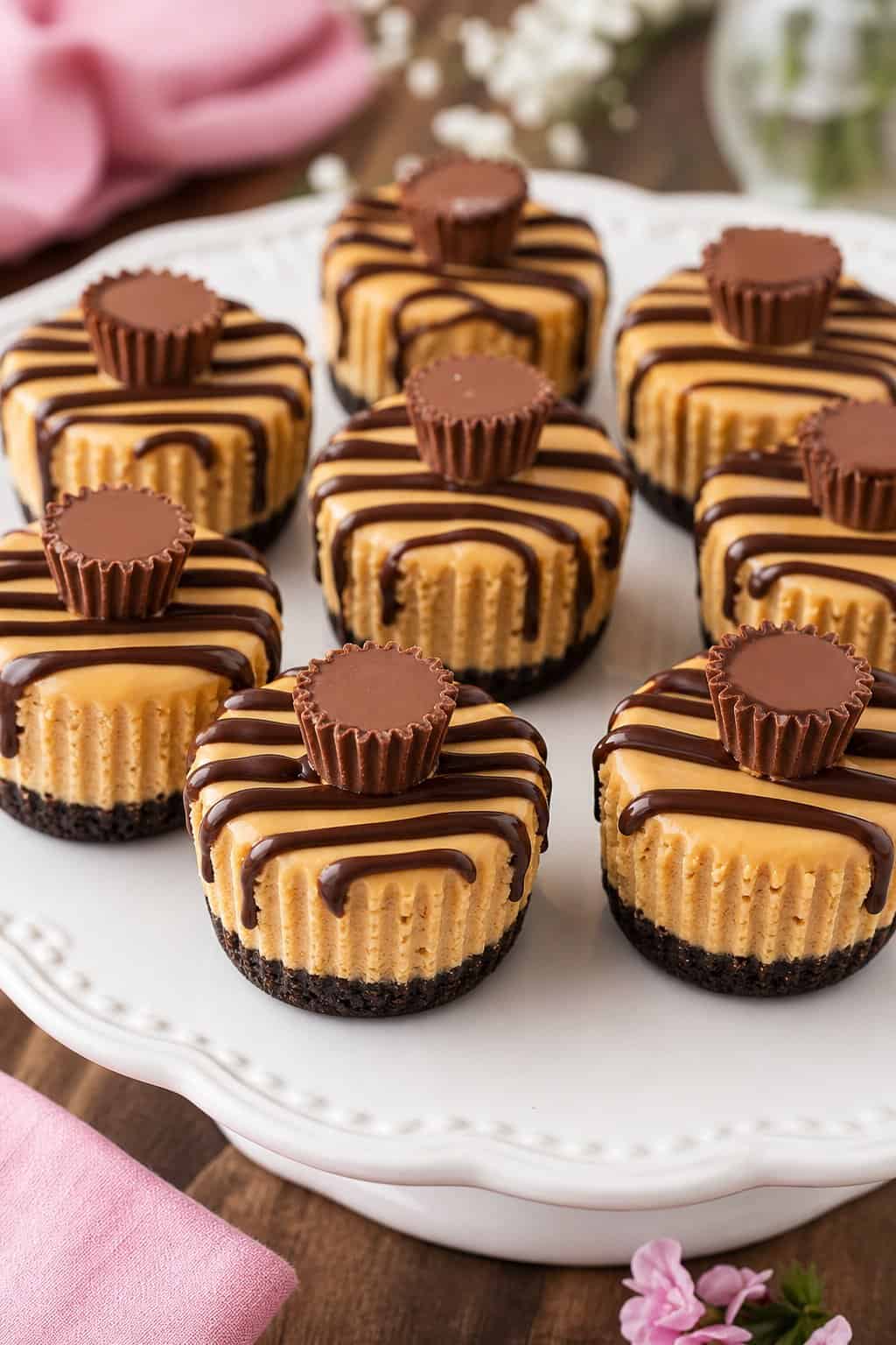 A platter of mini peanut butter cup cheesecakes topped with chocolate and peanut butter cups on a wooden table with party decorations.