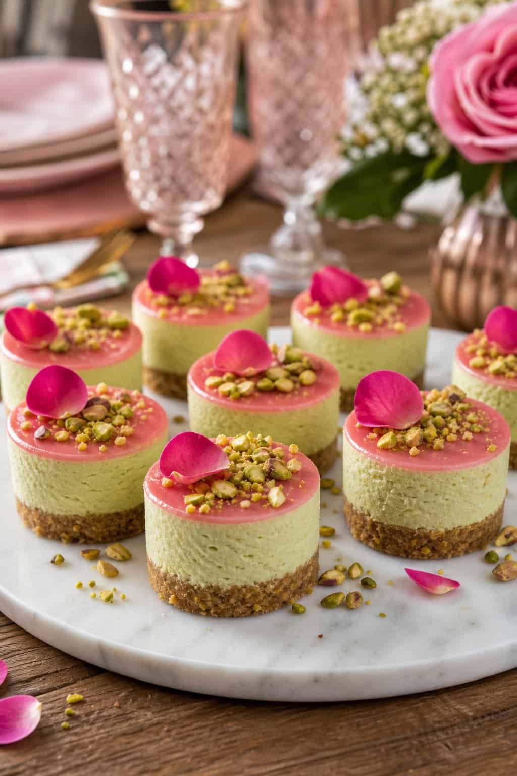 A platter of small pistachio and rosewater cheesecakes garnished with crushed pistachios and rose petals on a wooden table with party decorations in the background.