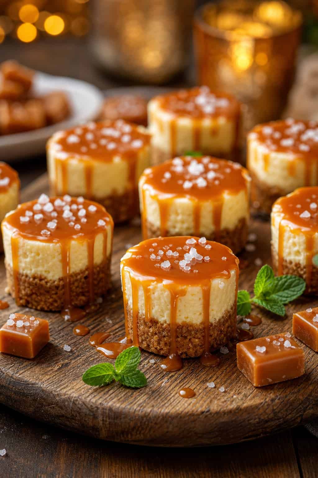 A wooden board displaying mini salted caramel cheesecakes topped with caramel drizzle and sea salt flakes, surrounded by caramel candies and mint leaves.
