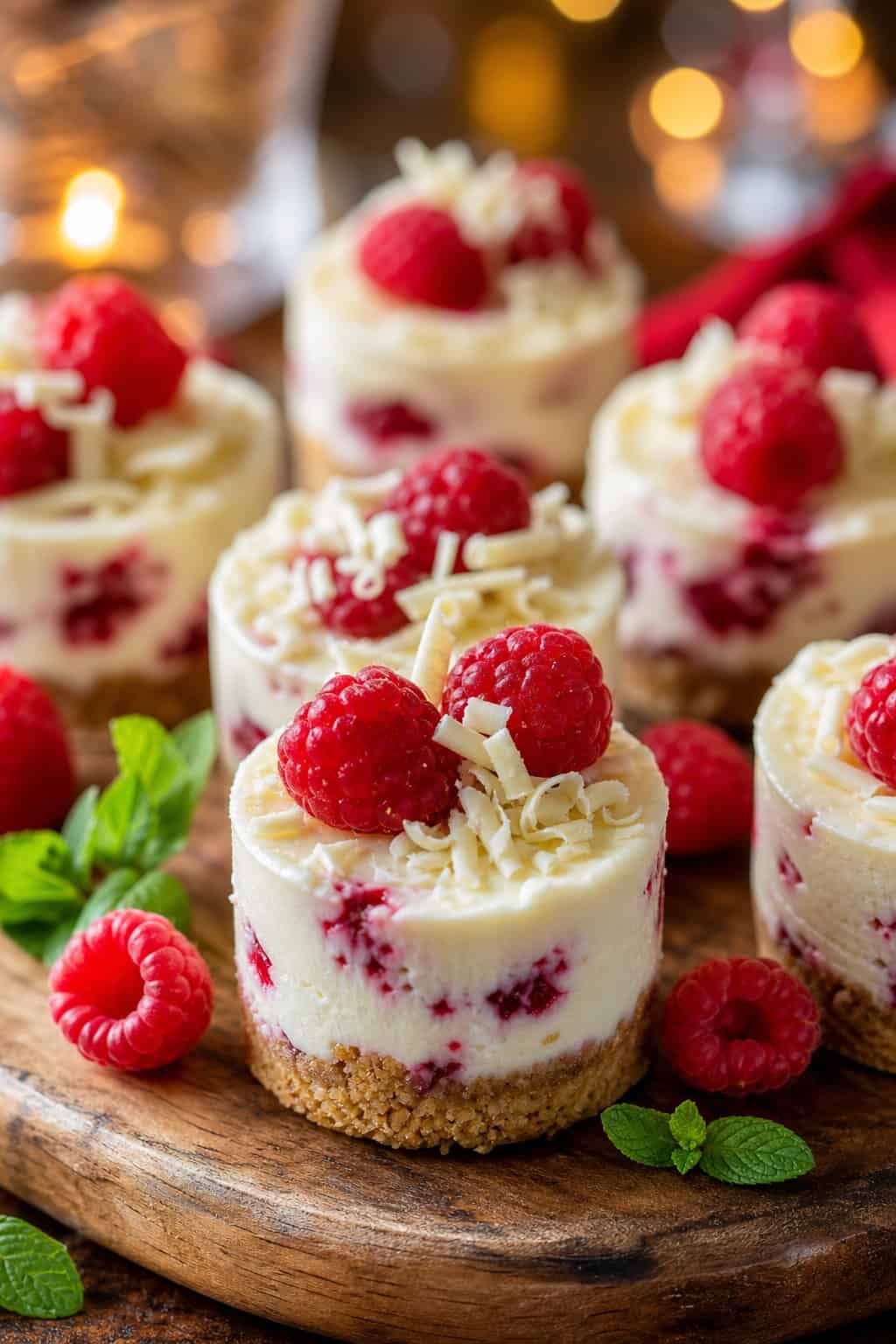 Close-up of mini white chocolate raspberry cheesecakes topped with fresh raspberries and white chocolate shavings on a wooden serving board.