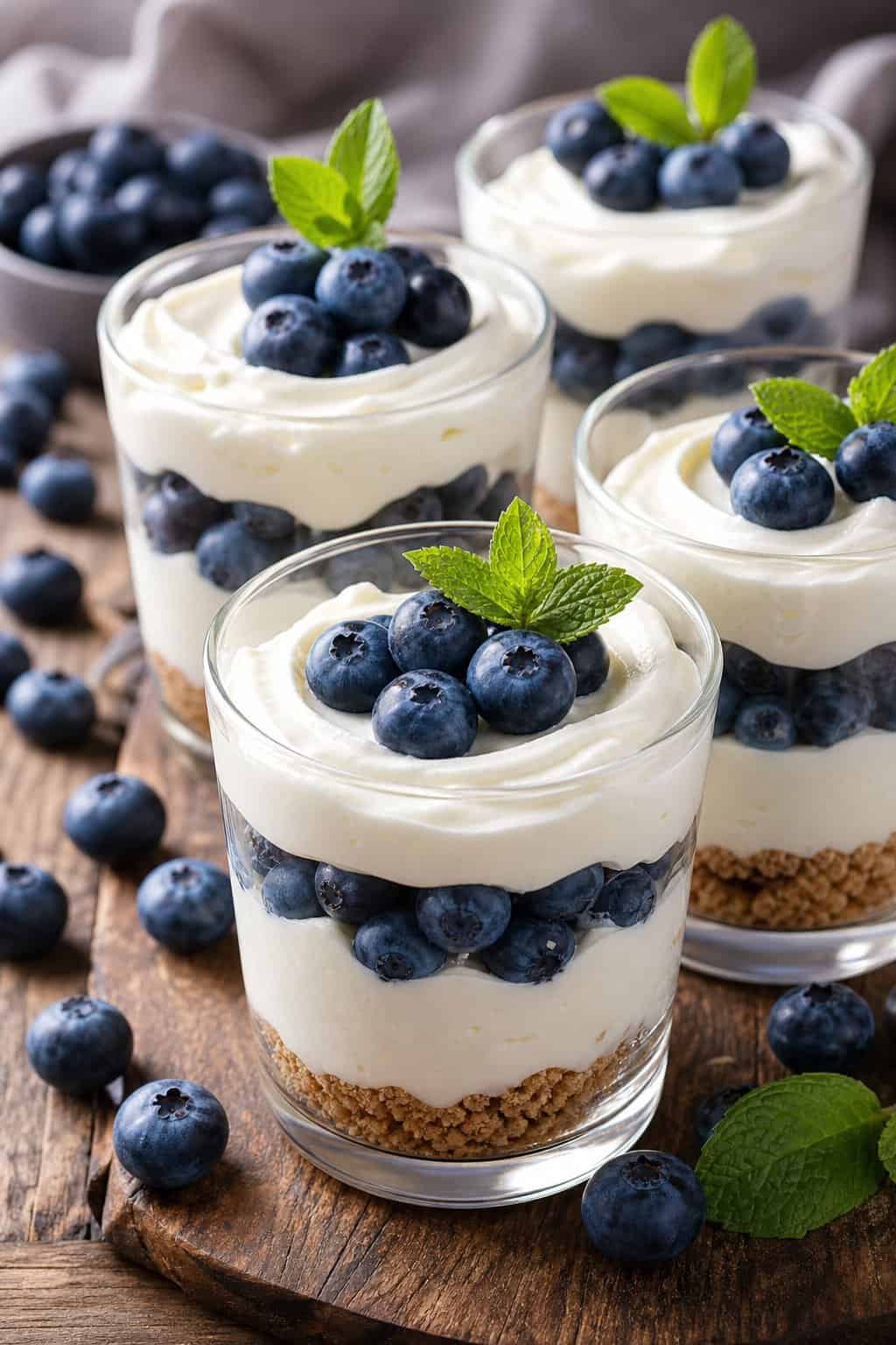 Several glass cups filled with creamy blueberry cheesecake pudding topped with fresh blueberries and mint, arranged on a wooden surface.