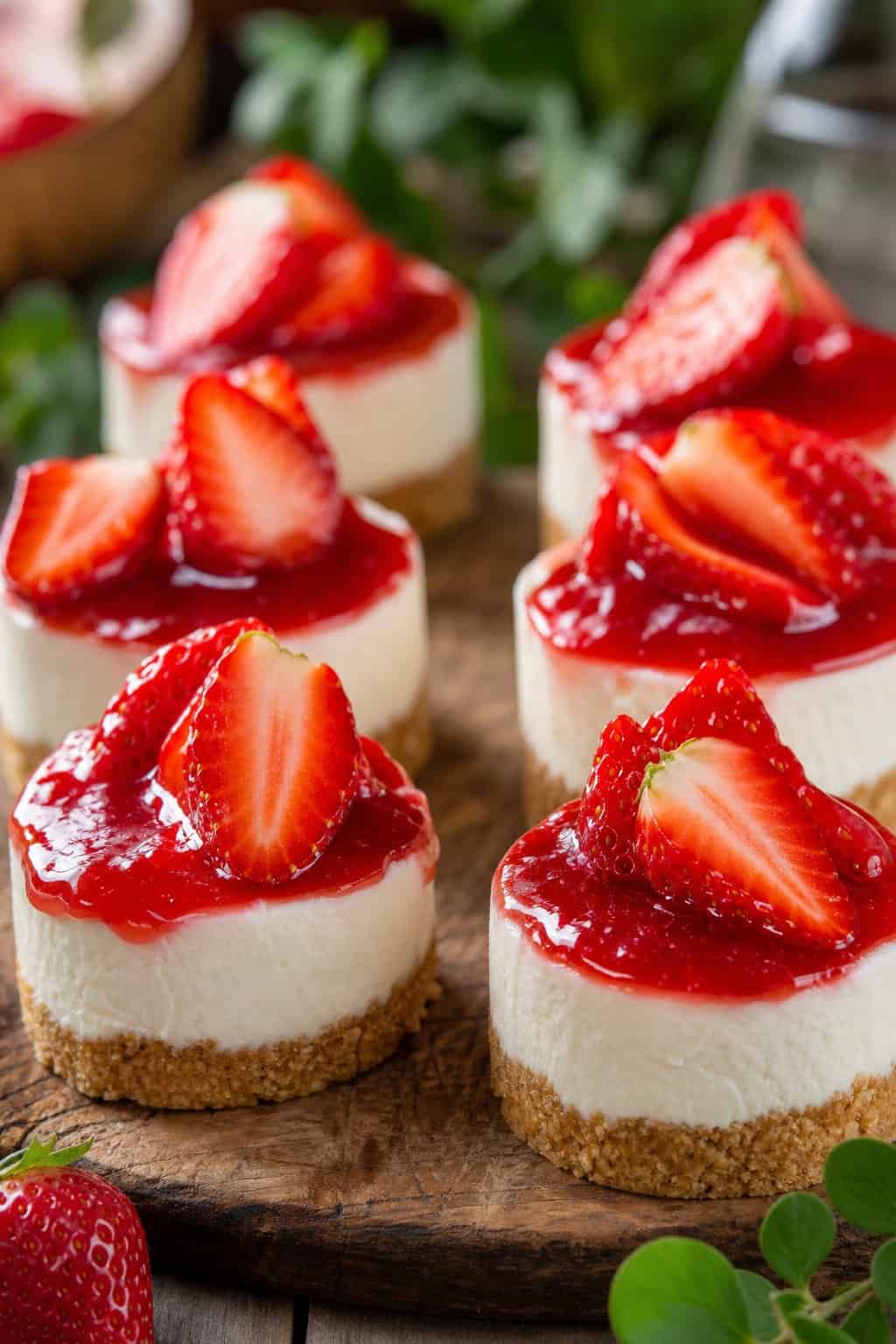 Close-up of several no-bake strawberry mini cheesecakes topped with fresh strawberry slices on a wooden serving board.