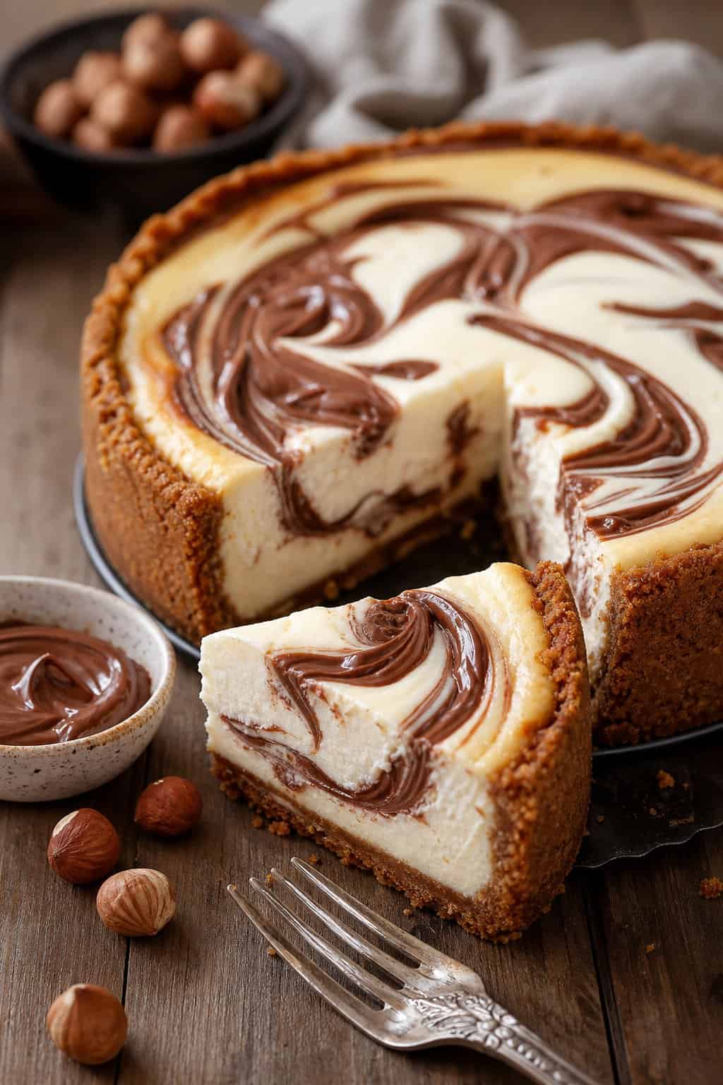 A sliced Philadelphia cheesecake with Nutella ribbons swirled through the creamy filling on a wooden table, accompanied by a bowl of Nutella and scattered hazelnuts.