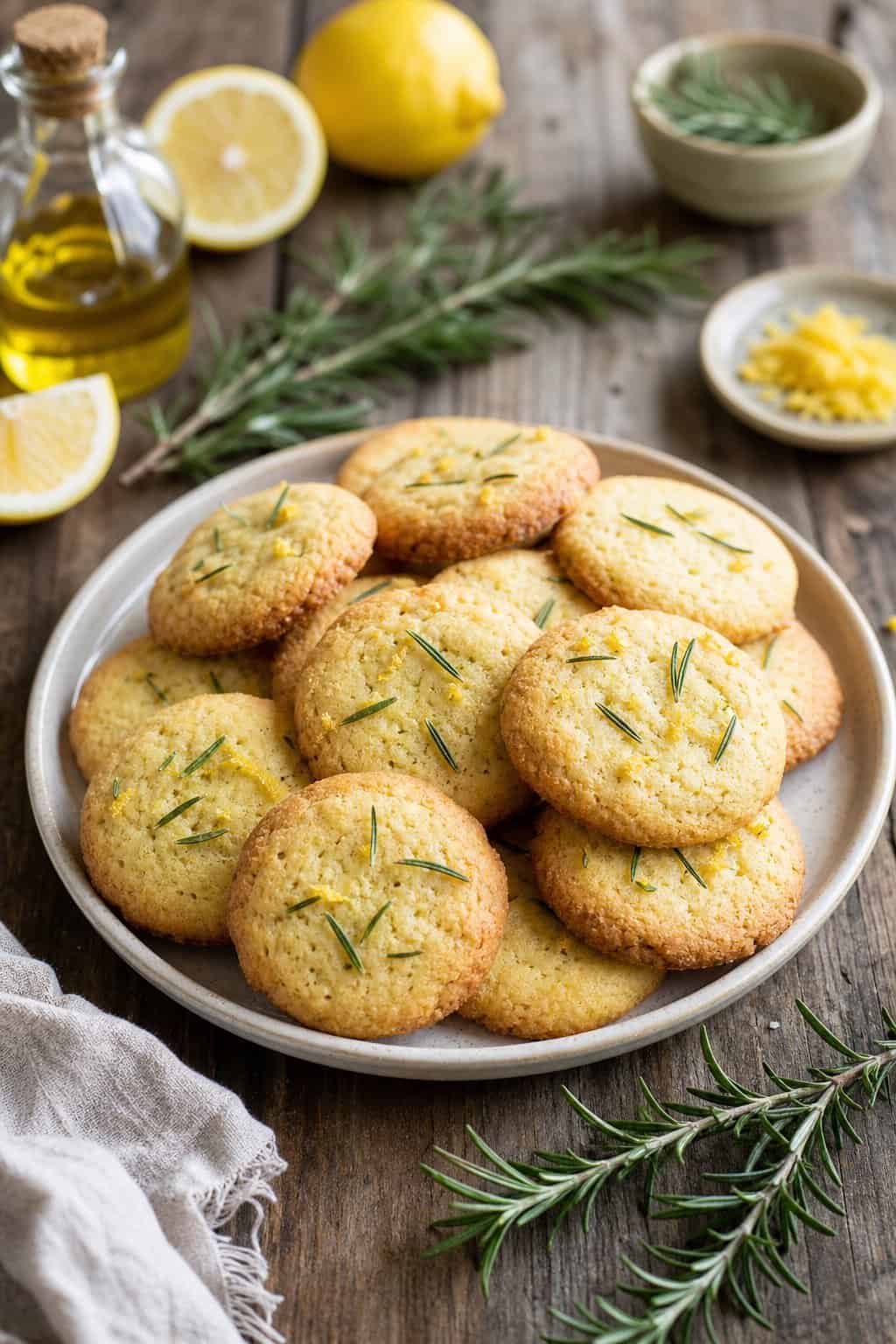 Plate of golden brown olive-oil rosemary lemon cookies on a wooden table with fresh lemons, rosemary sprigs, and a small bottle of olive oil.