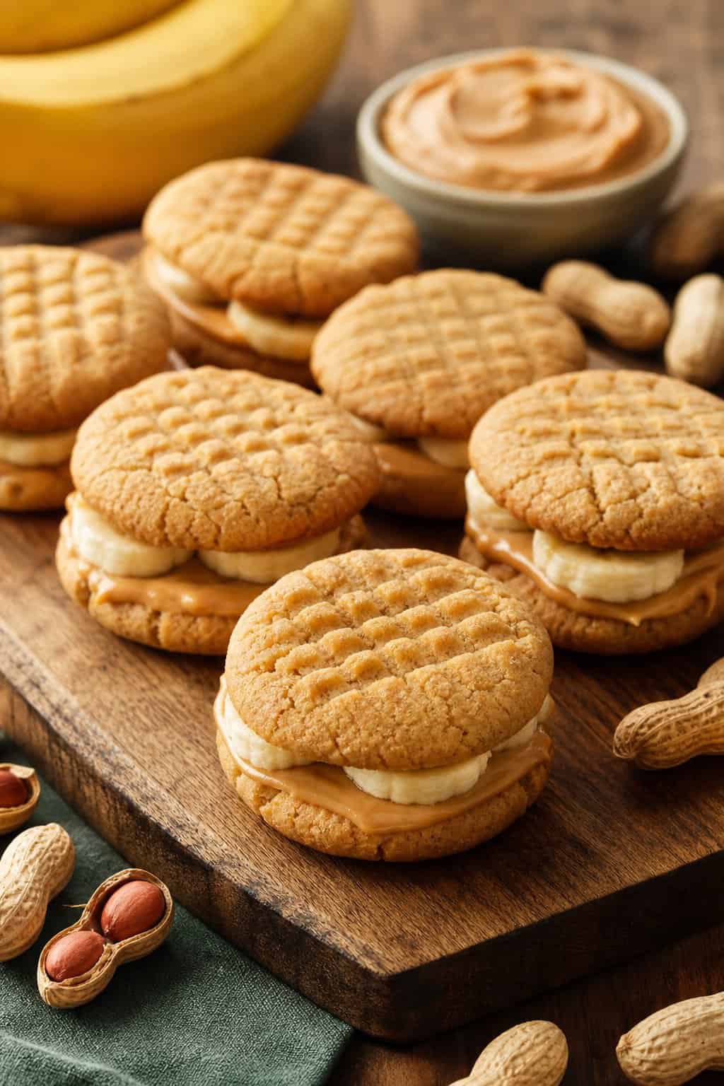 A plate of peanut butter banana sandwich cookies with fresh bananas and peanut butter on a wooden board.
