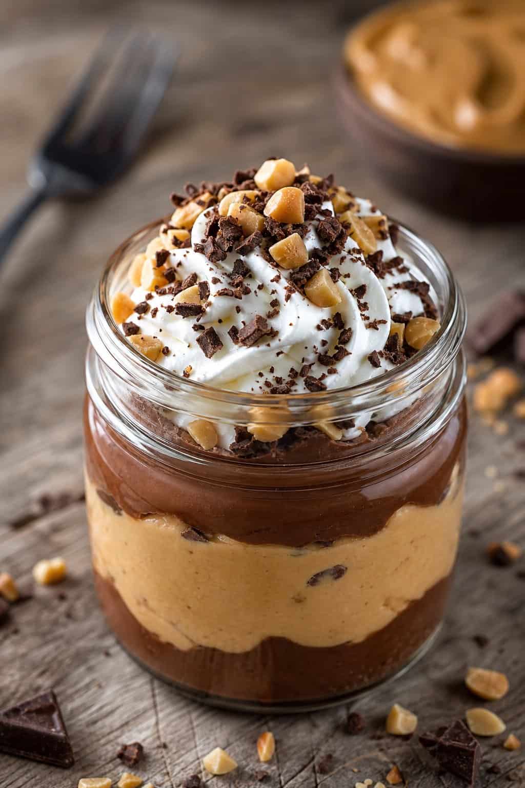 A glass jar filled with peanut butter chocolate cheesecake pudding topped with whipped cream and chocolate shavings on a wooden surface.