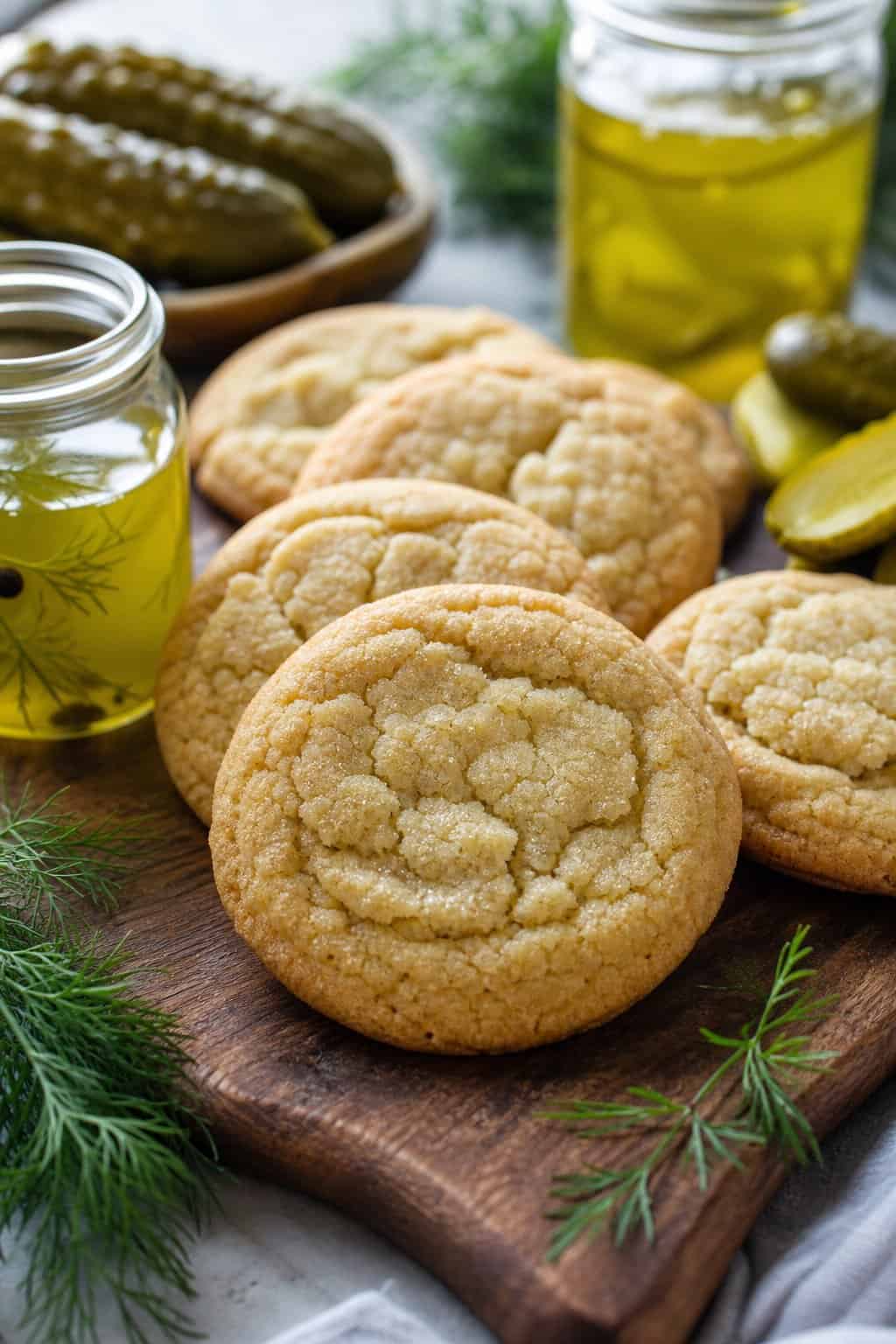 Close-up of sugar cookies on a wooden board with jars of pickle brine, fresh herbs, and sliced pickles in the background.