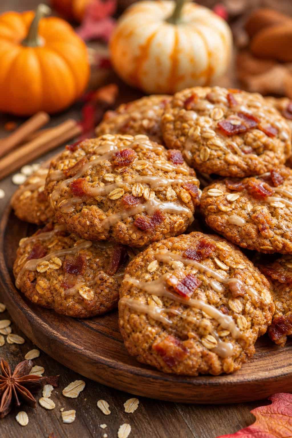 A platter of pumpkin spice bacon oatmeal cookies surrounded by autumn decorations like small pumpkins and cinnamon sticks.