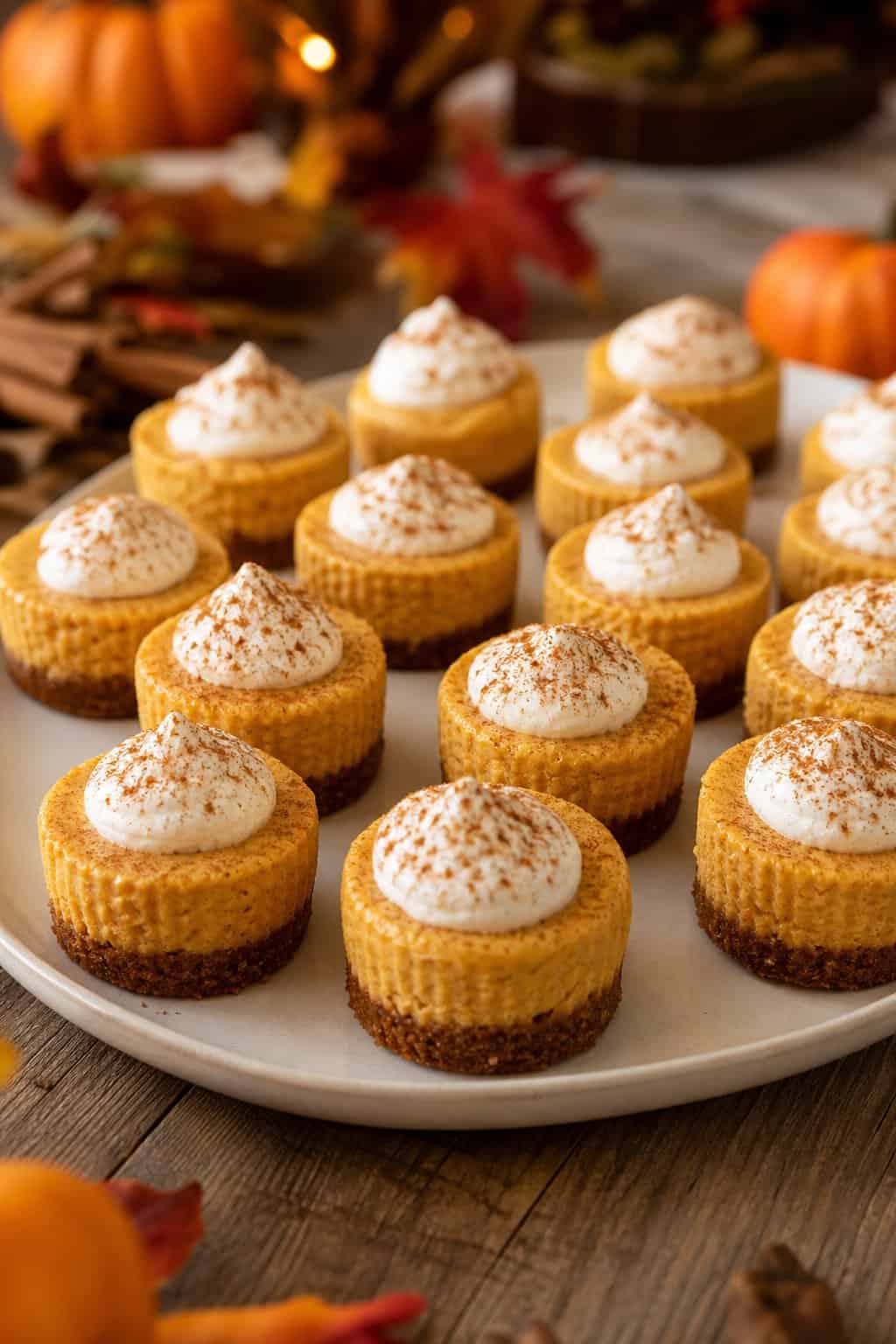 A platter of pumpkin spice mini cheesecakes topped with whipped cream and cinnamon, arranged on a wooden table with autumn decorations in the background.