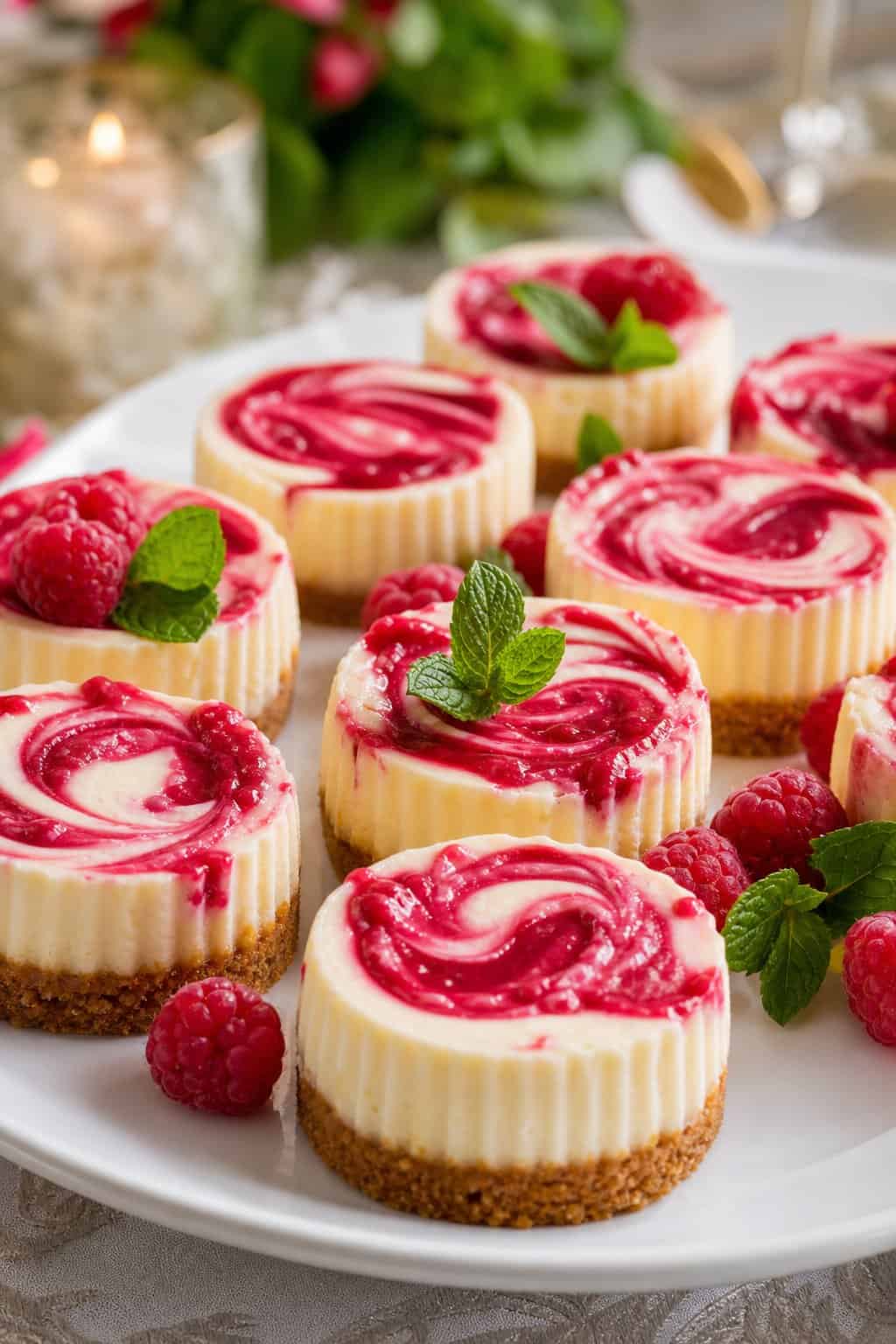 Plate of raspberry swirl mini cheesecakes with fresh raspberries and mint leaves on a festive table.