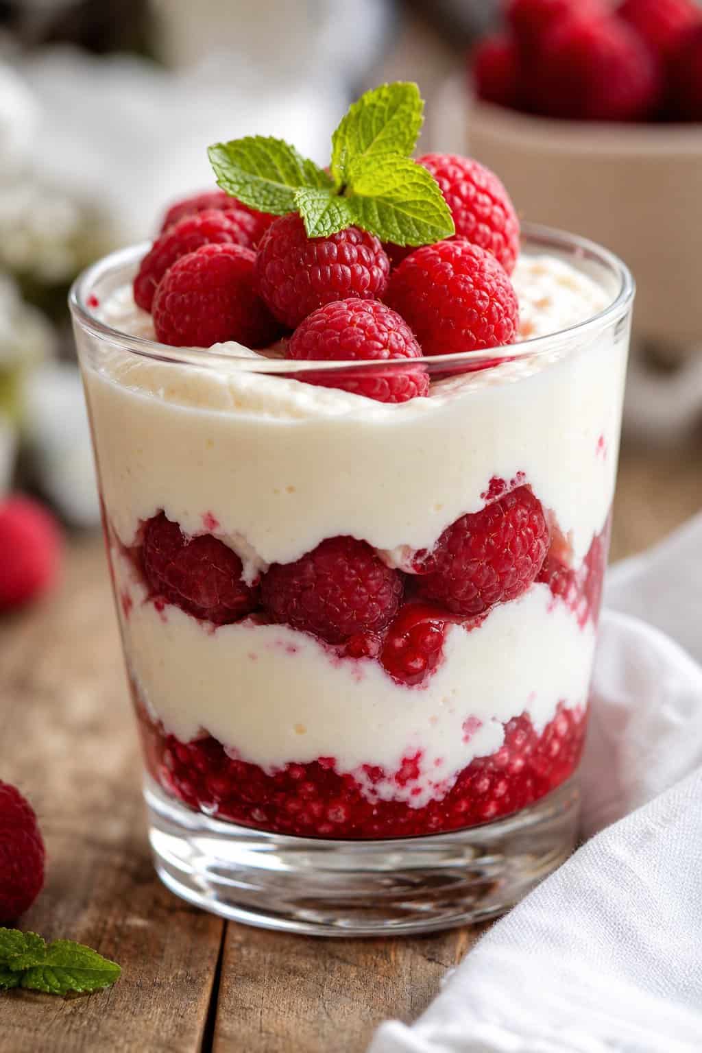 A glass cup filled with raspberry white chocolate keto cheesecake pudding topped with fresh raspberries and a mint leaf on a wooden table.