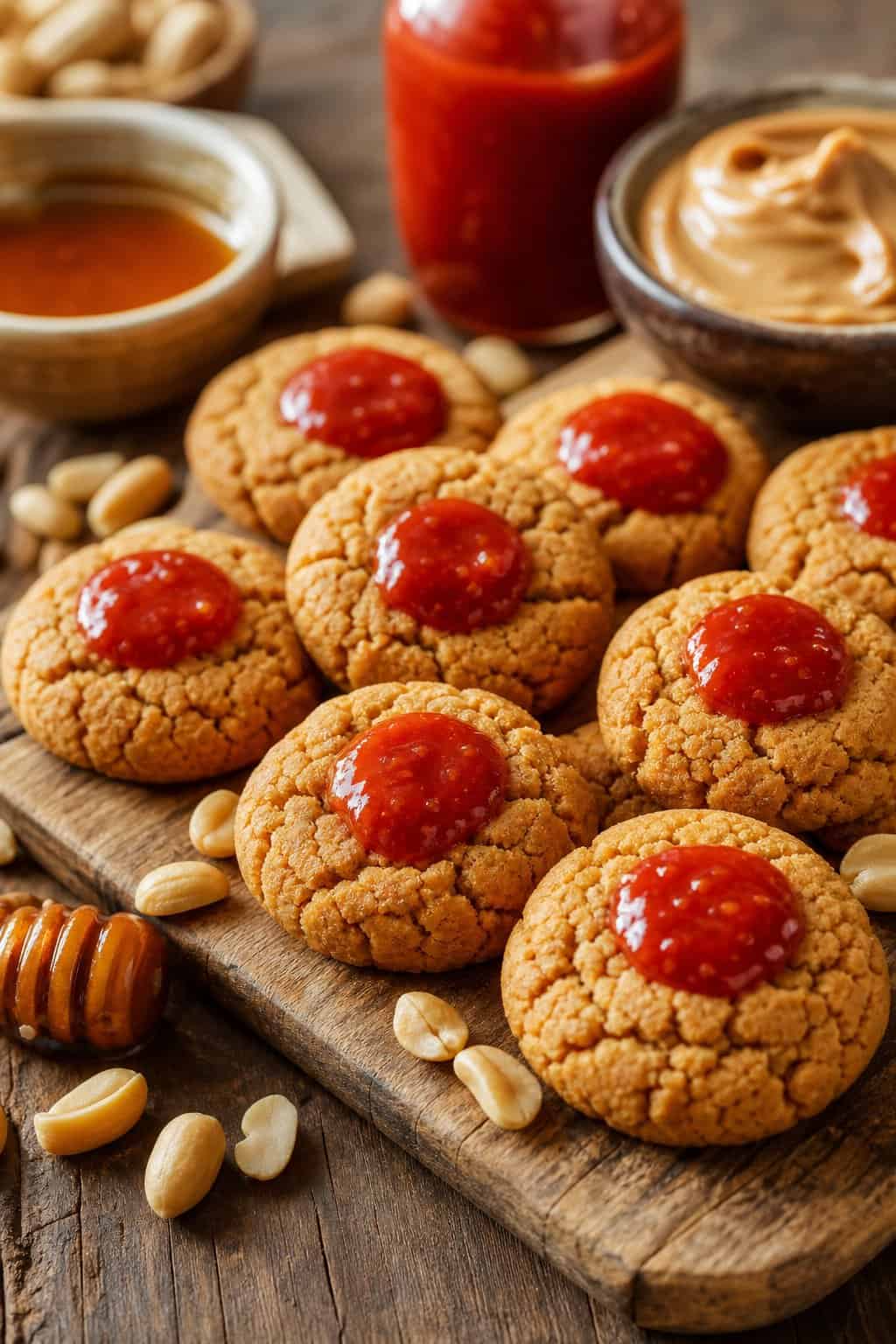 Close-up of freshly baked peanut butter cookies with red glaze on a wooden board, surrounded by small bowls of honey, peanut butter, and Sriracha sauce.