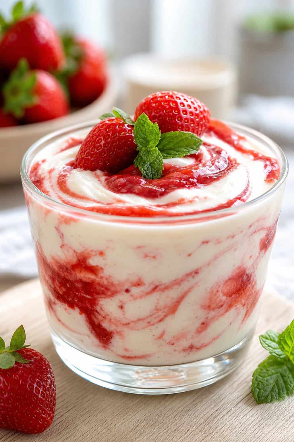 A glass cup filled with creamy cheesecake pudding swirled with strawberry sauce, topped with fresh strawberries and mint on a wooden surface.