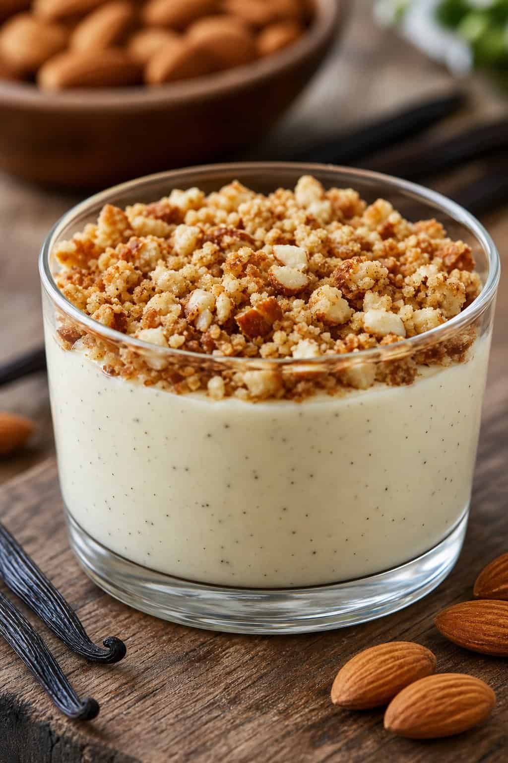 A glass cup filled with creamy vanilla bean cheesecake pudding topped with almond crust crumble on a wooden surface.