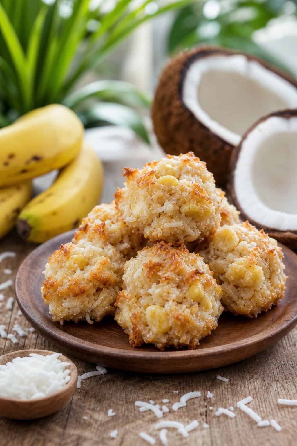 A plate of golden vegan banana coconut macaroons surrounded by fresh bananas and coconut halves on a wooden table.