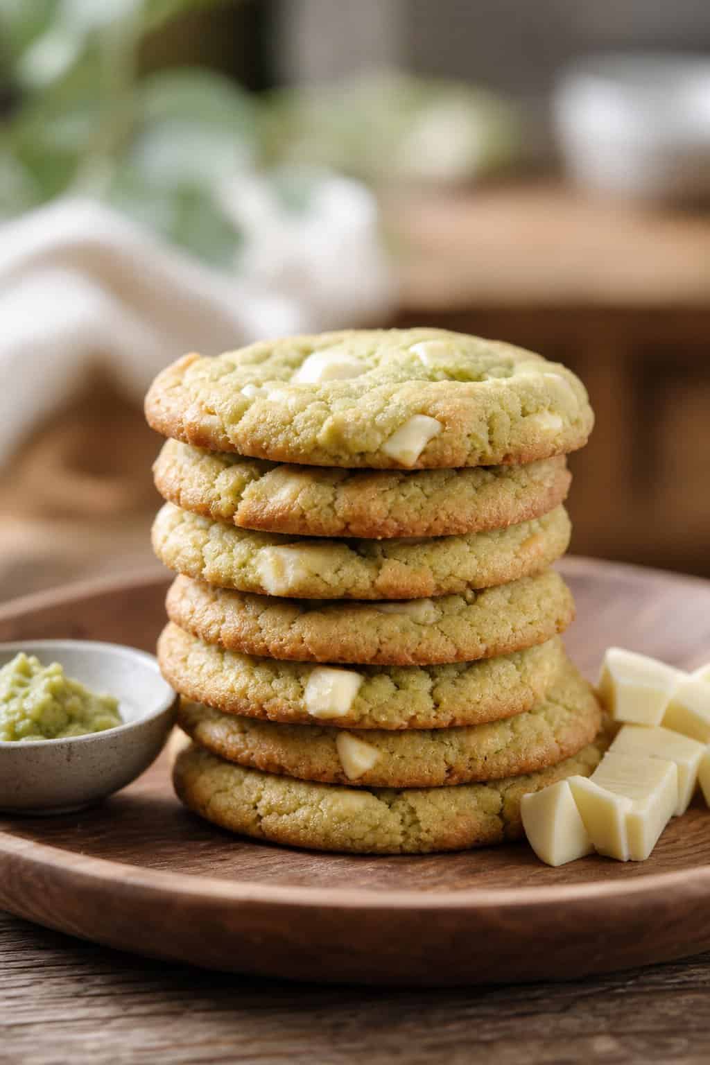 A stack of wasabi white chocolate shortbread cookies on a wooden plate with wasabi paste and white chocolate pieces nearby.