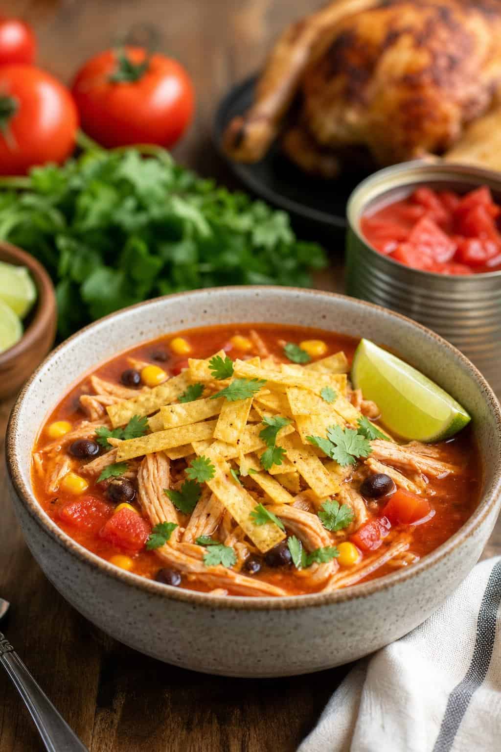 A bowl of chicken tortilla soup with shredded chicken, tomatoes, corn, beans, and tortilla strips on a wooden table.