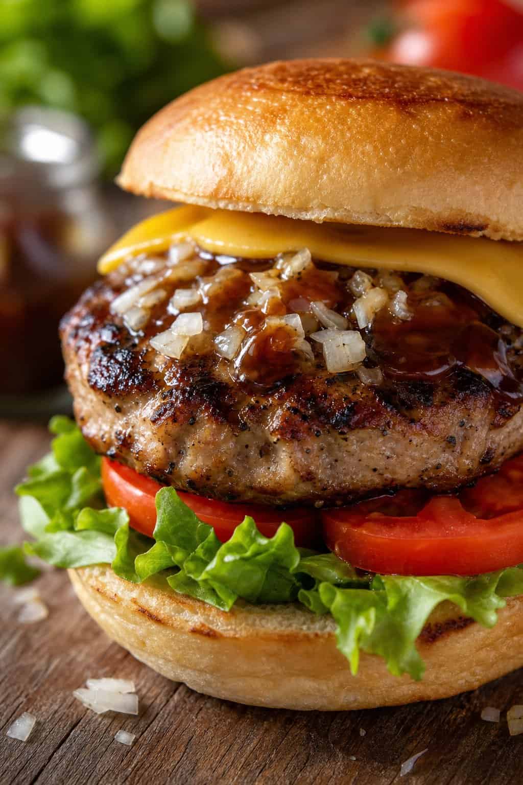 A juicy turkey burger with grated onion and Worcestershire sauce on a toasted bun with lettuce and tomato.