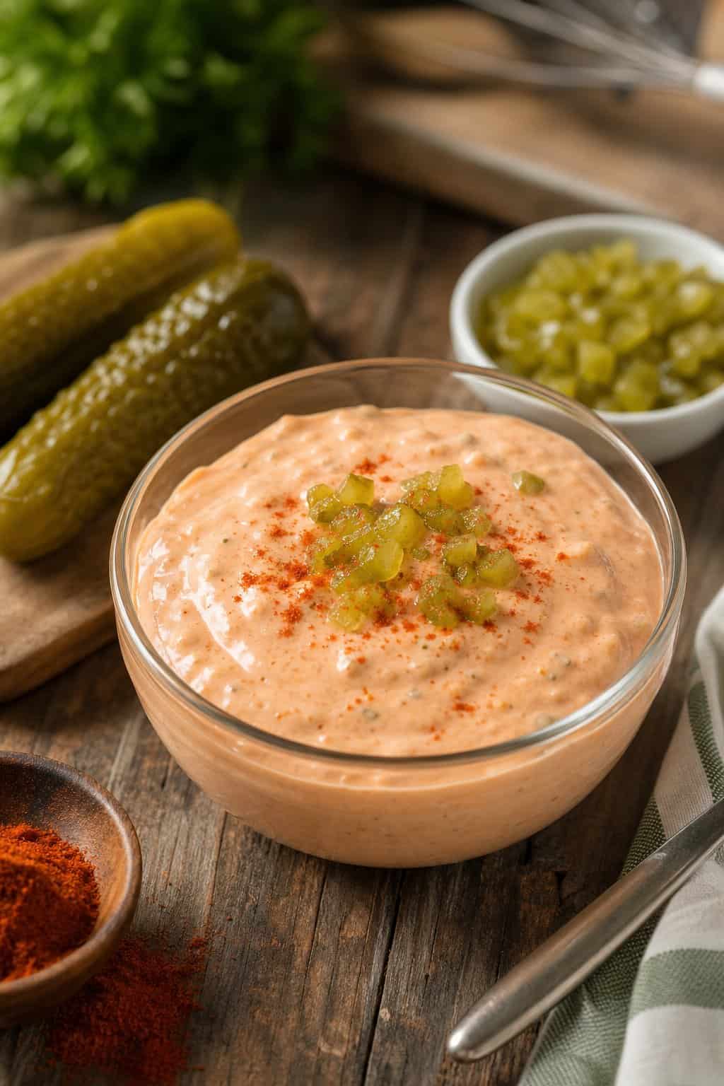 A bowl of creamy Thousand Island dressing garnished with sweet pickle relish and paprika, placed on a wooden surface with fresh pickles and spices around it.