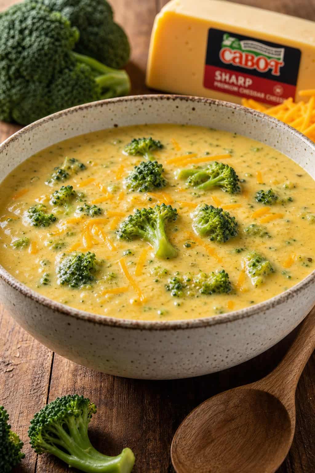 A bowl of creamy broccoli cheddar soup with broccoli florets and melted cheese on a wooden table, surrounded by fresh broccoli and a wedge of cheddar cheese.