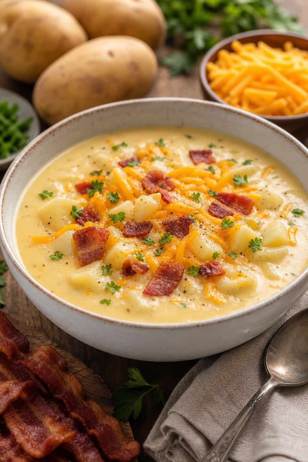 A bowl of creamy potato soup topped with bacon and cheddar cheese on a wooden table with fresh ingredients around it.