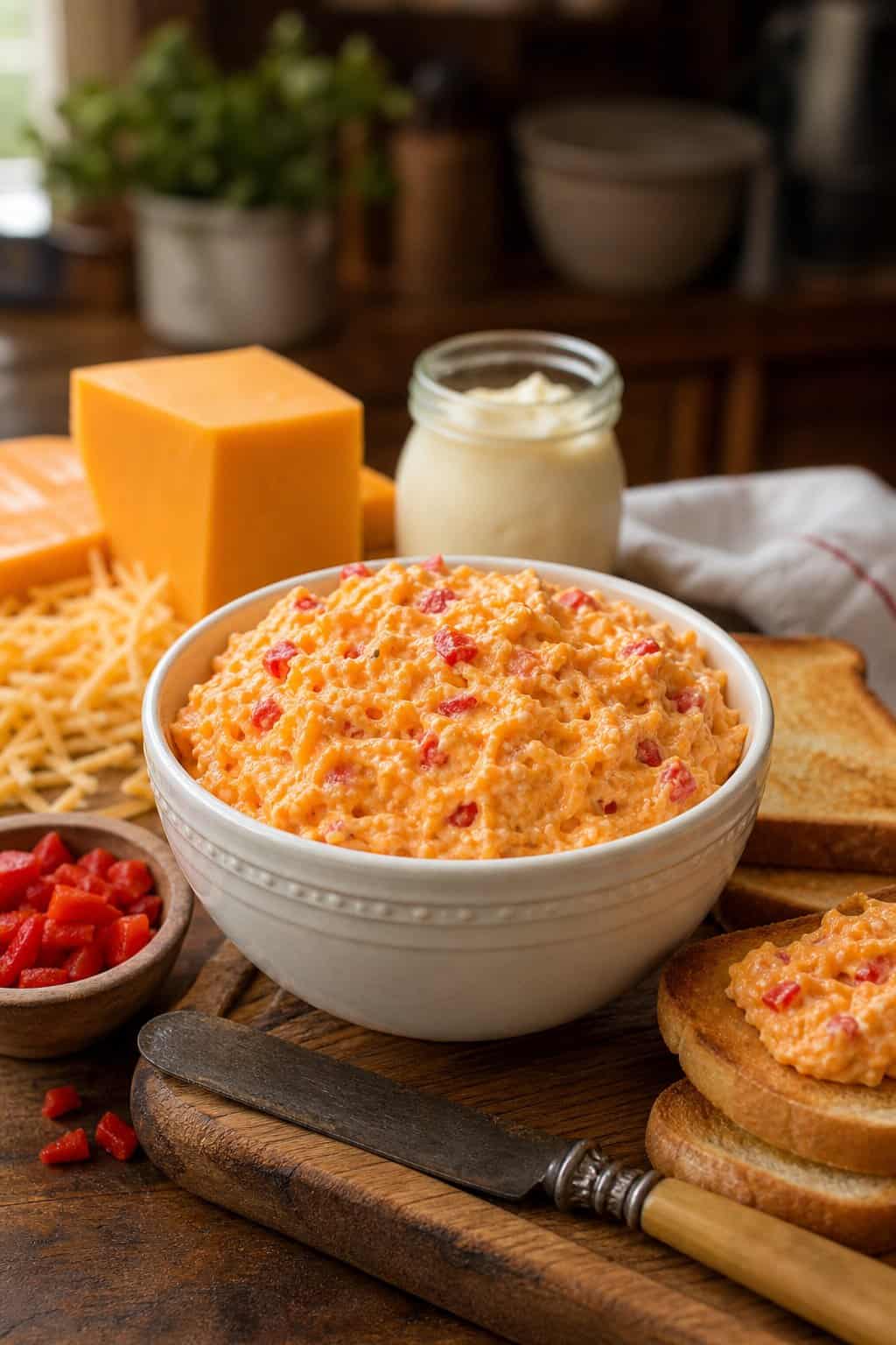 Bowl of creamy pimiento cheese spread with sharp cheddar and mayonnaise on a wooden board, surrounded by fresh ingredients and toasted bread slices.
