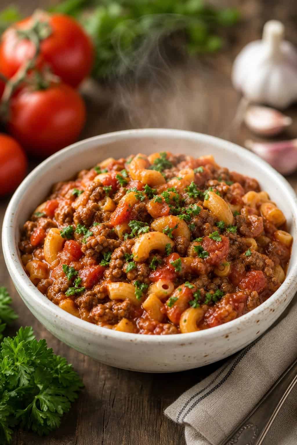 A bowl of American goulash with ground beef, elbow macaroni, and tomato sauce garnished with parsley on a wooden table.